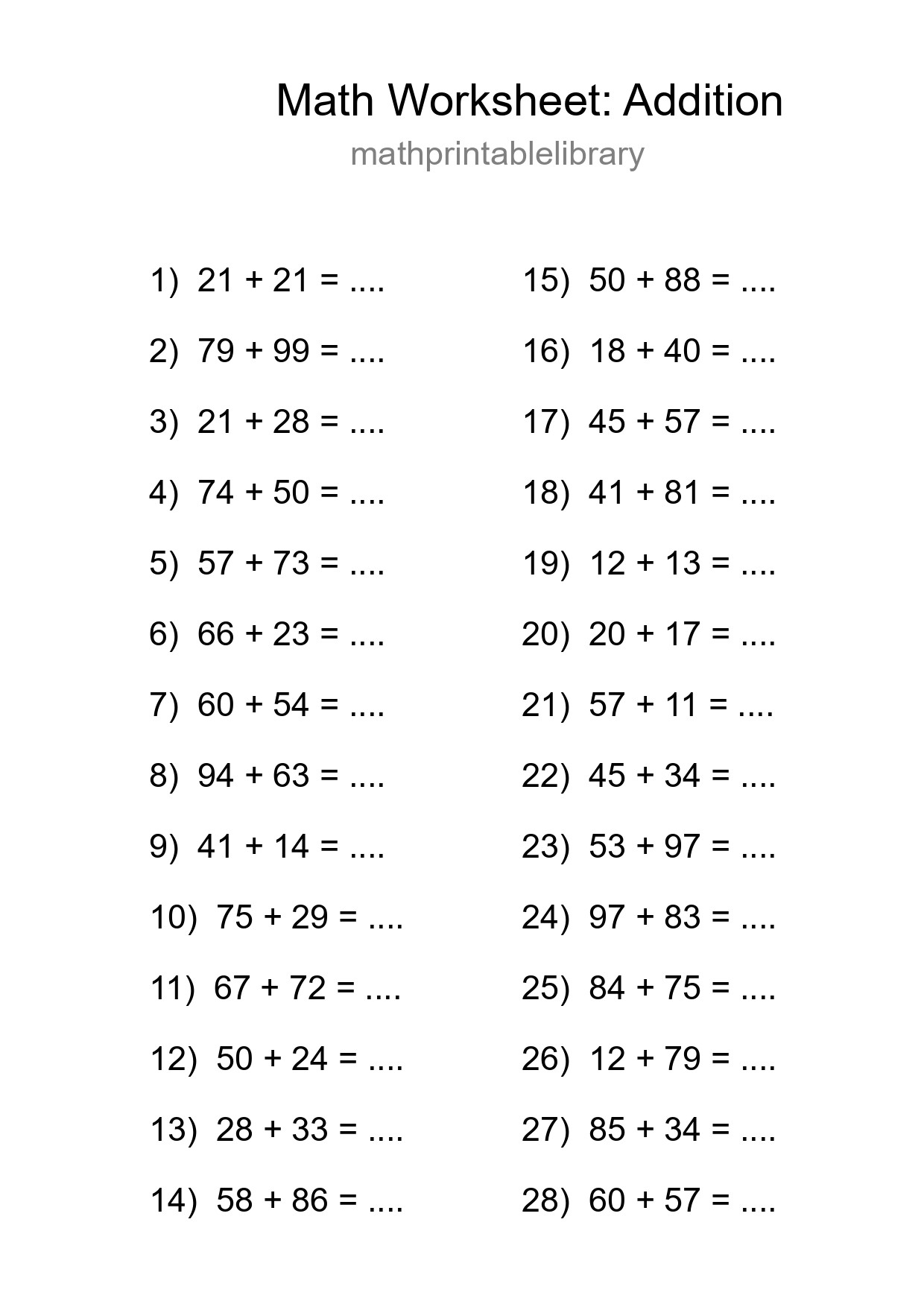Grade 3 Addition Practice Worksheet (28 Problems) - Part 111