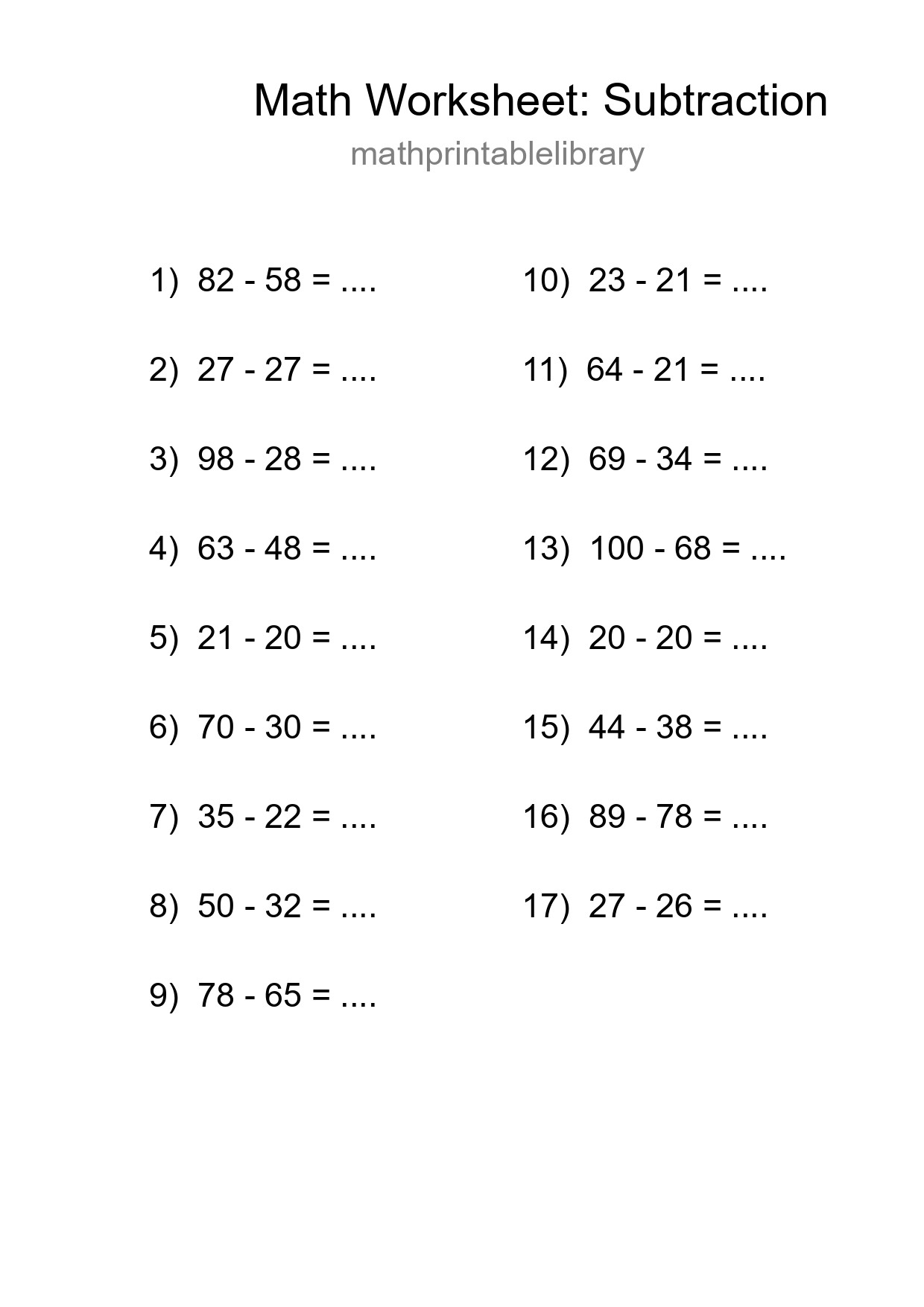 Grade 3 Subtraction Practice Worksheet (17 Problems) - Part 228