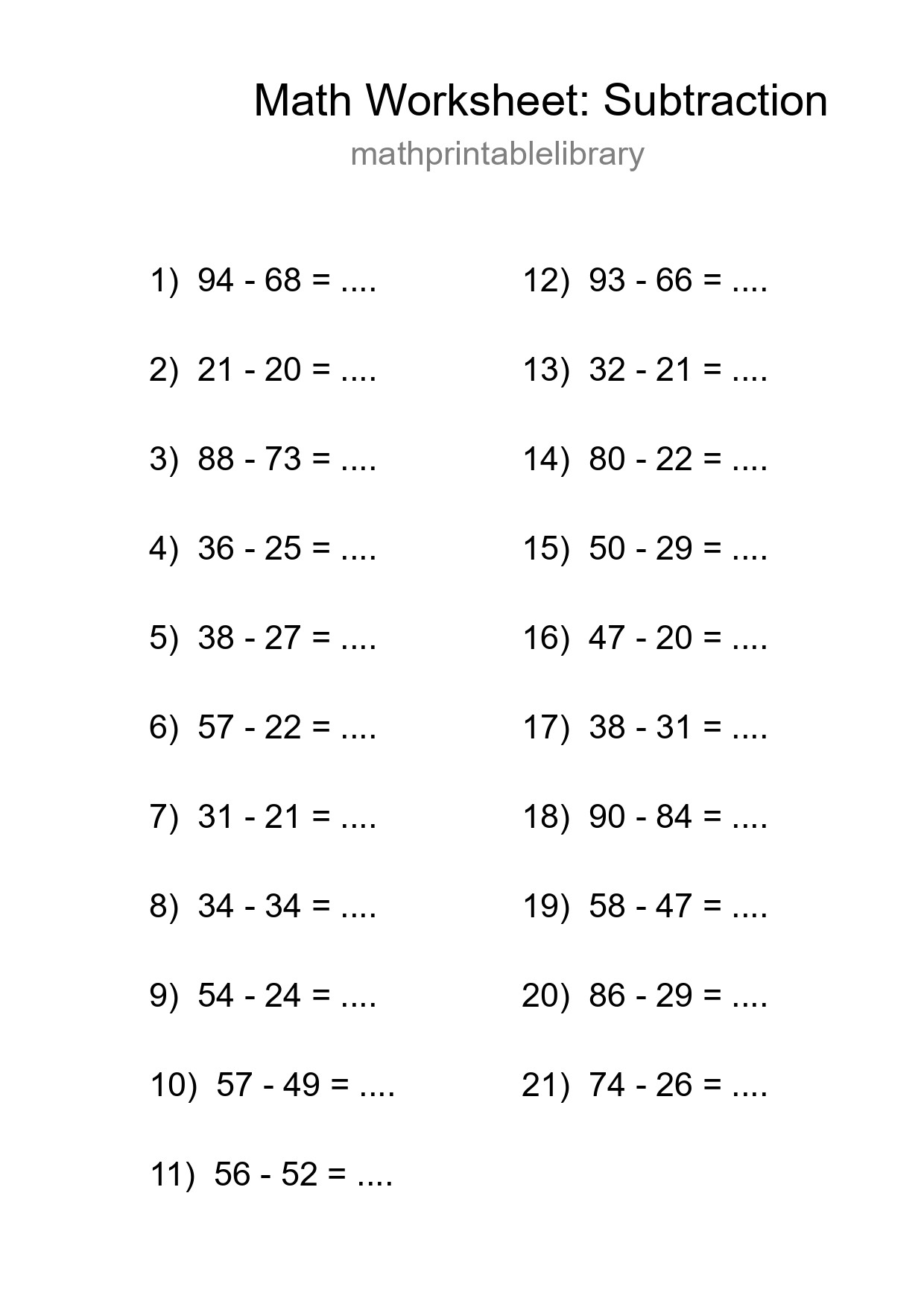 Grade 3 Subtraction Practice Worksheet (21 Problems) - Part 184