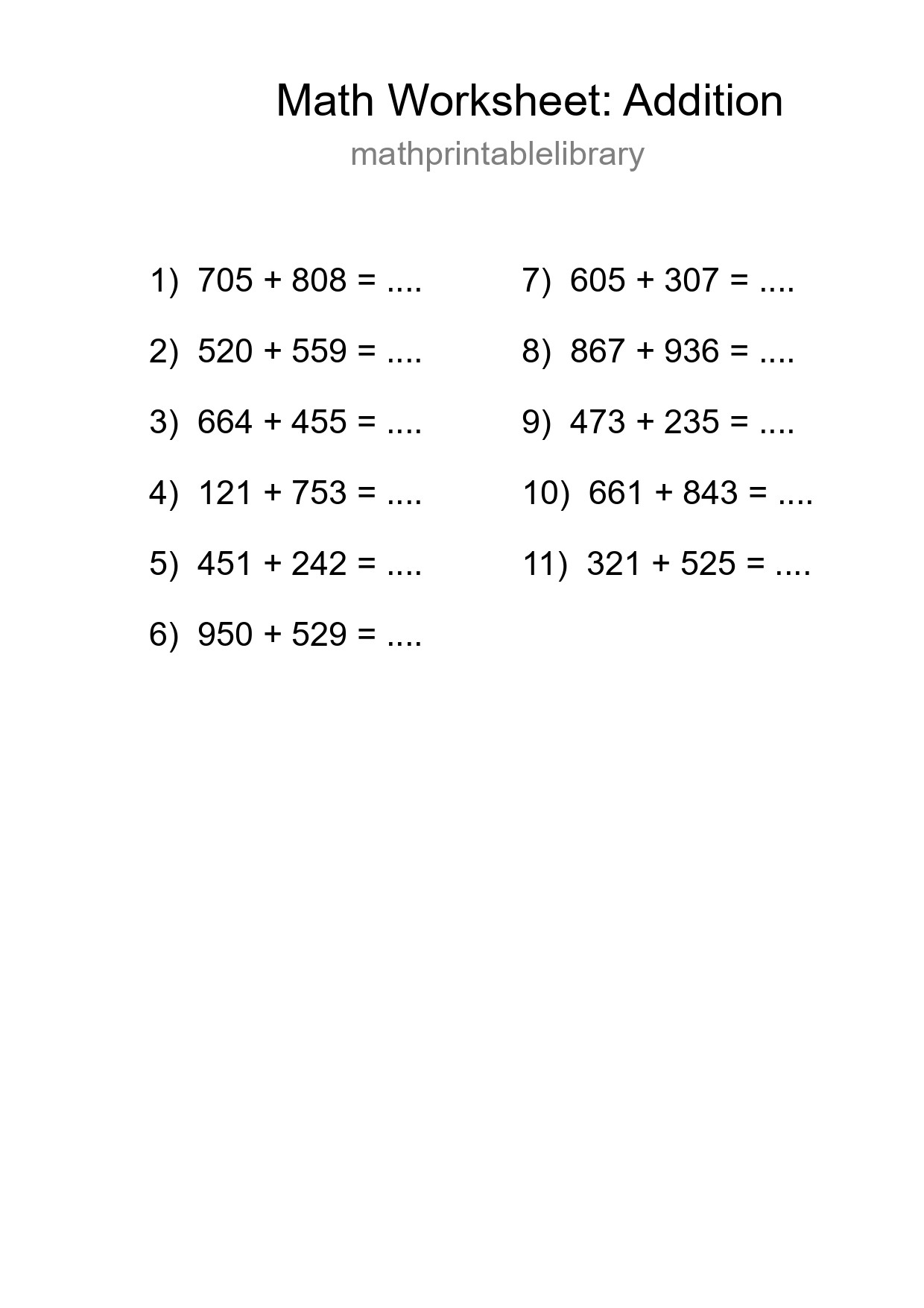 Grade 5 Addition Practice Worksheet (11 Problems) - Part 199