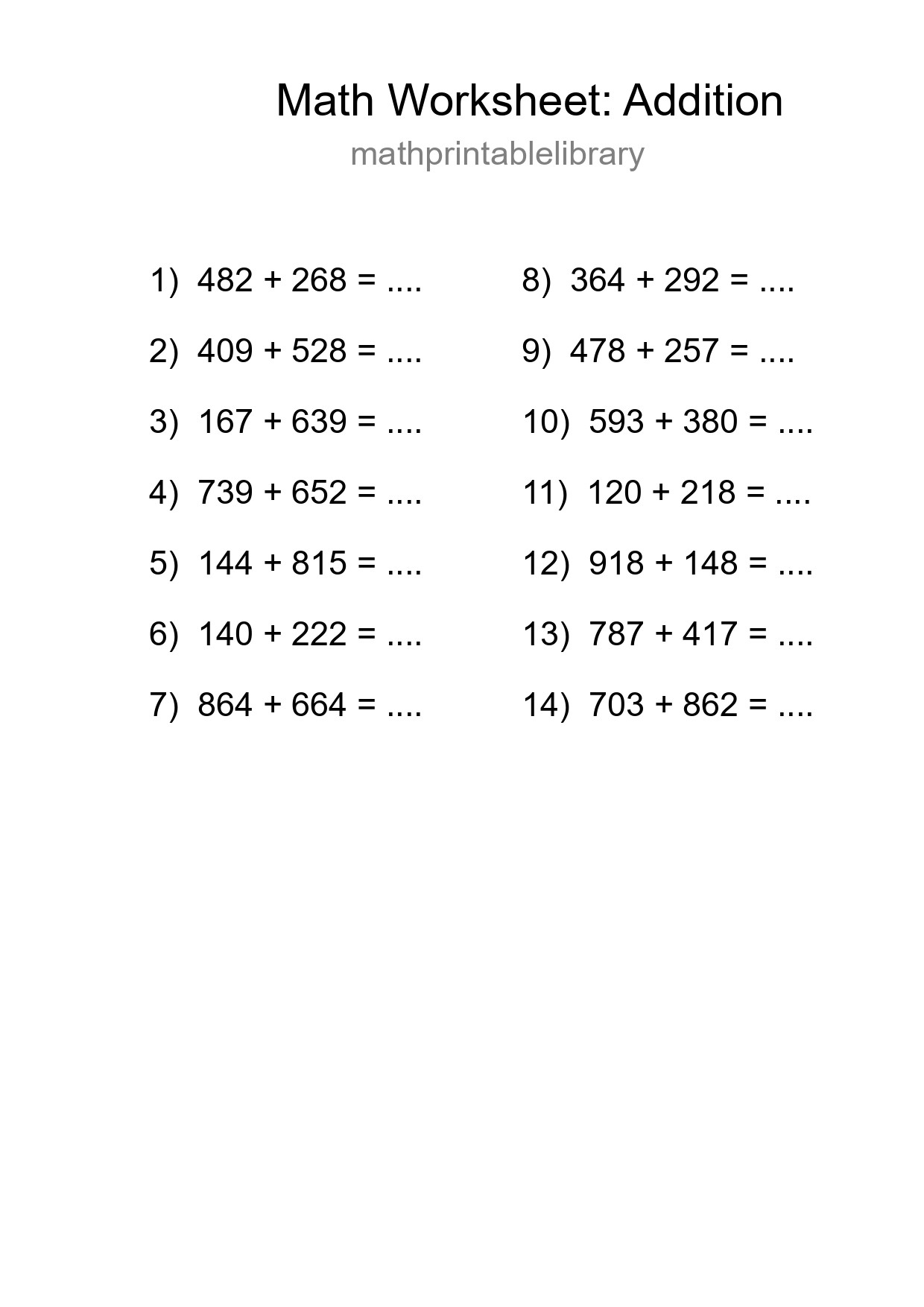 Grade 5 Addition Practice Worksheet (14 Problems) - Part 34