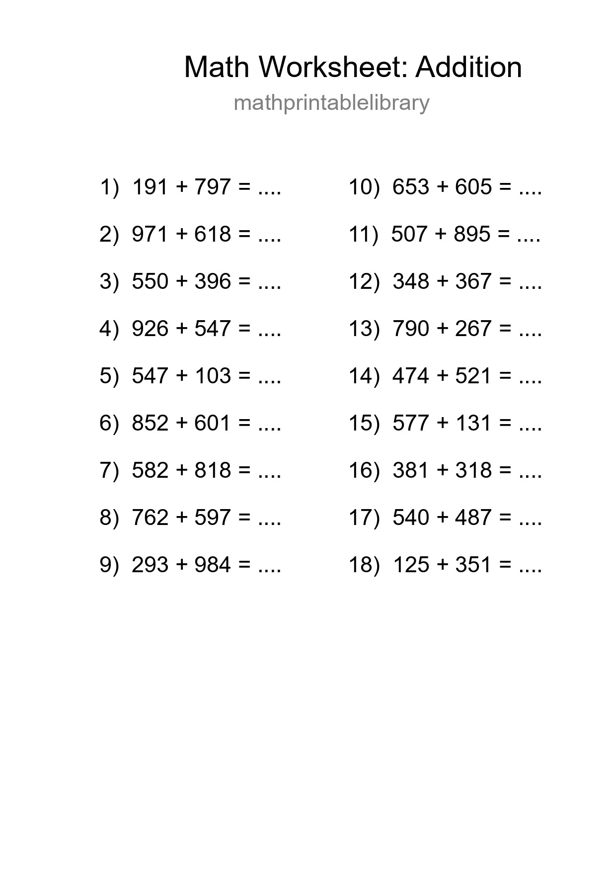 Grade 5 Addition Practice Worksheet (18 Problems) - Part 78