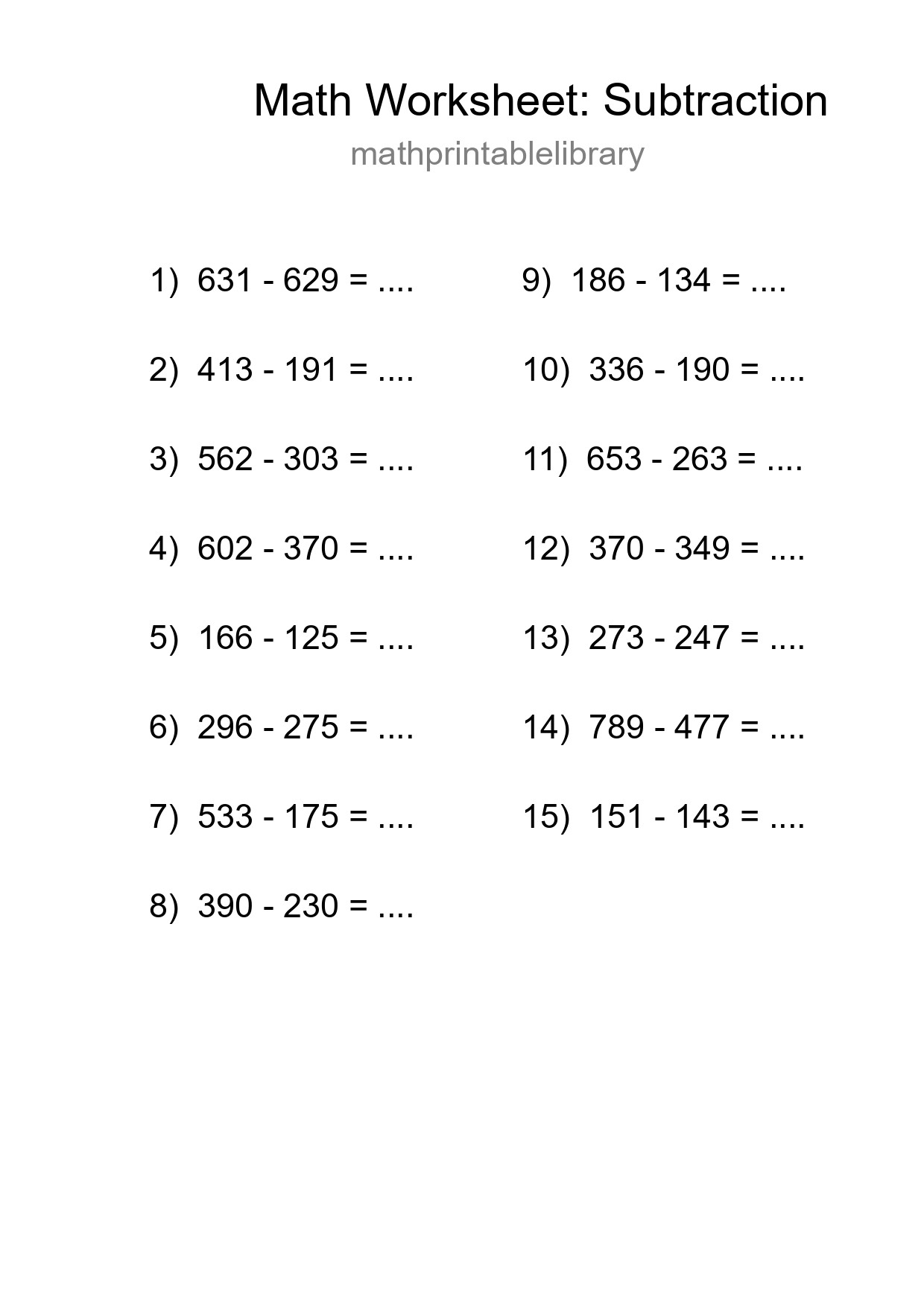 Grade 5 Subtraction Practice Worksheet (15 Problems) - Part 140