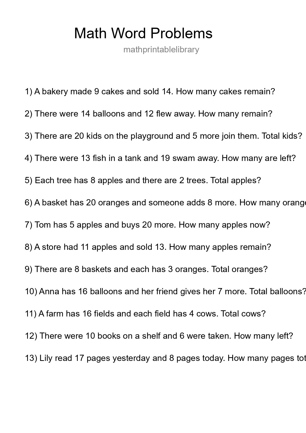 Math Word Problem Worksheet