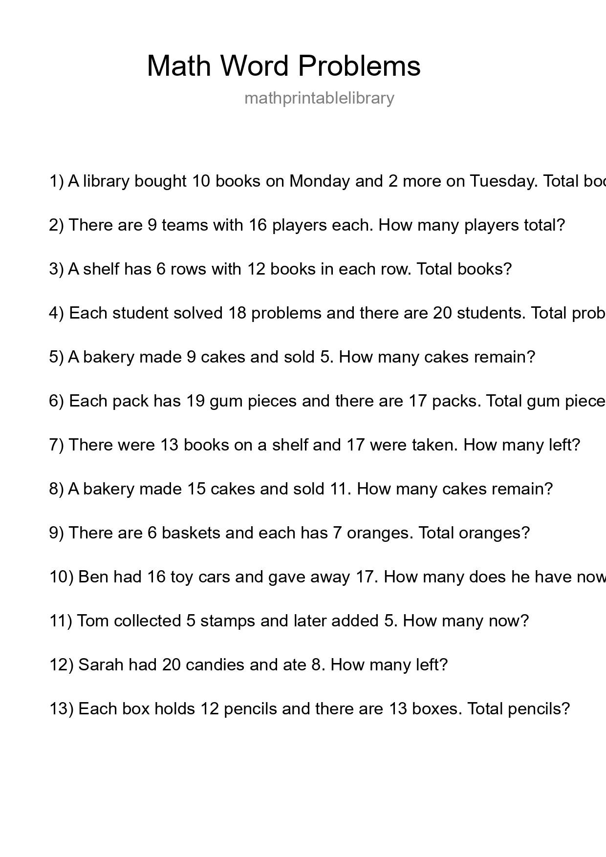 Math Word Problem Worksheet