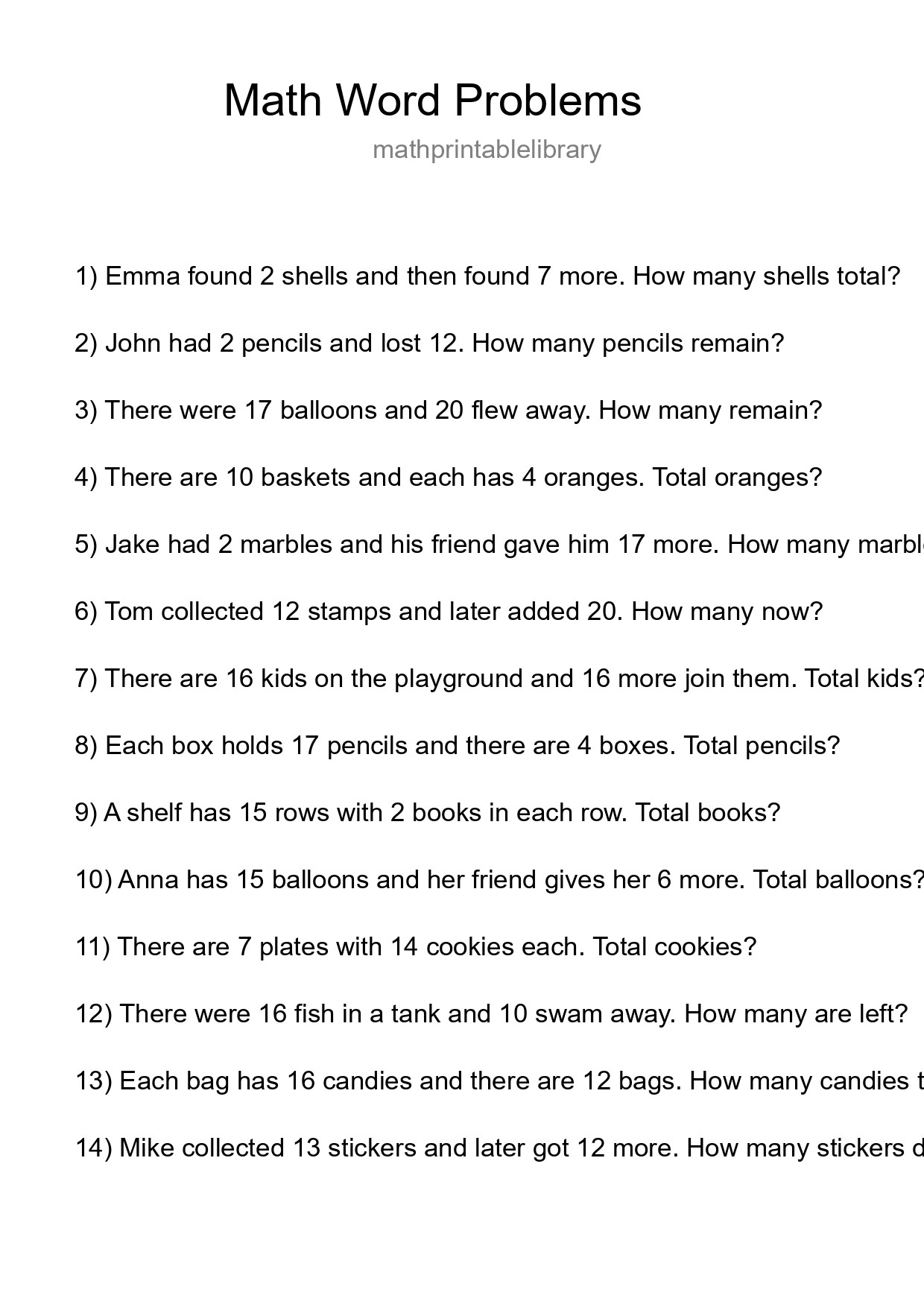 Math Word Problem Worksheet