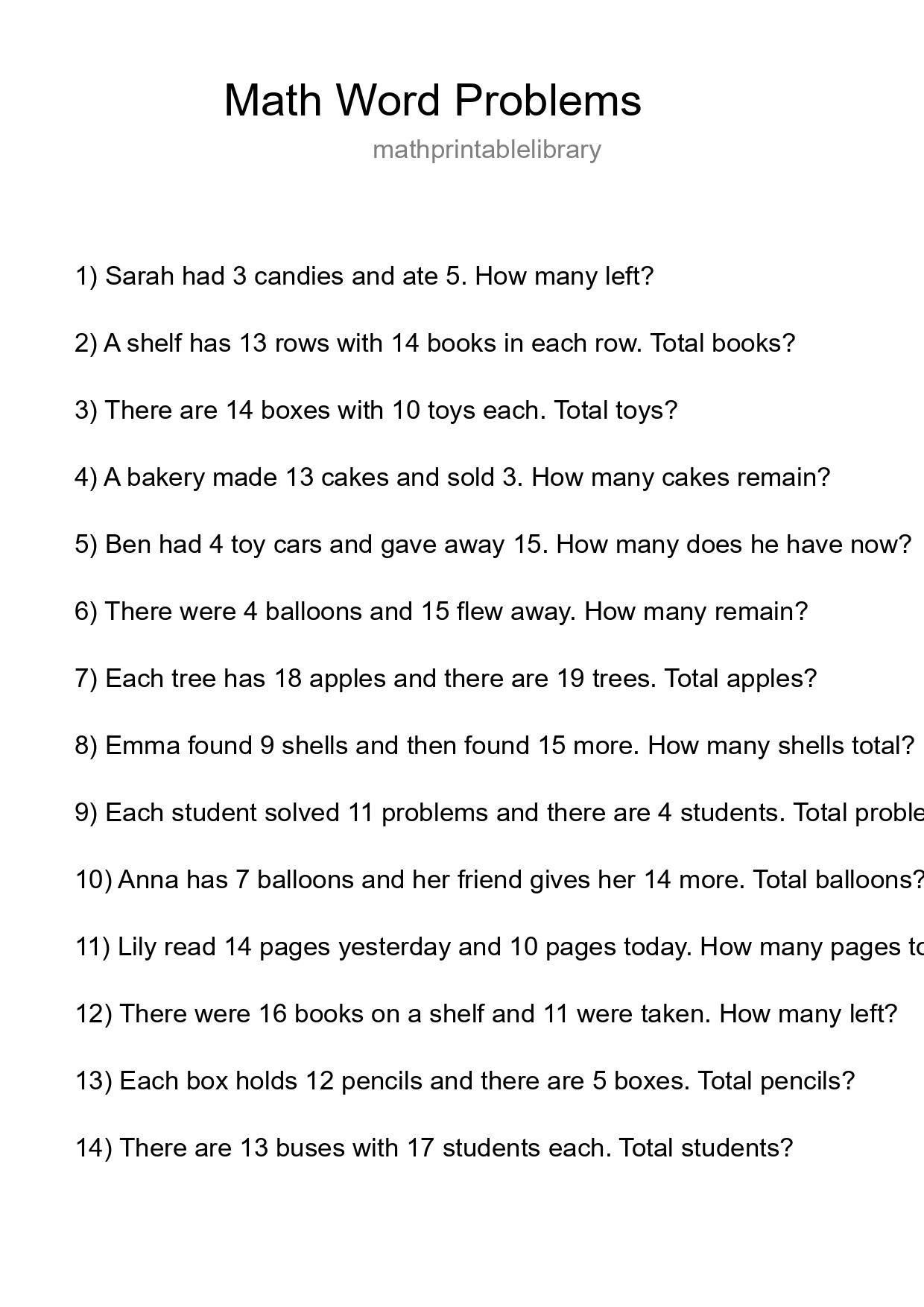 Math Word Problem Worksheet