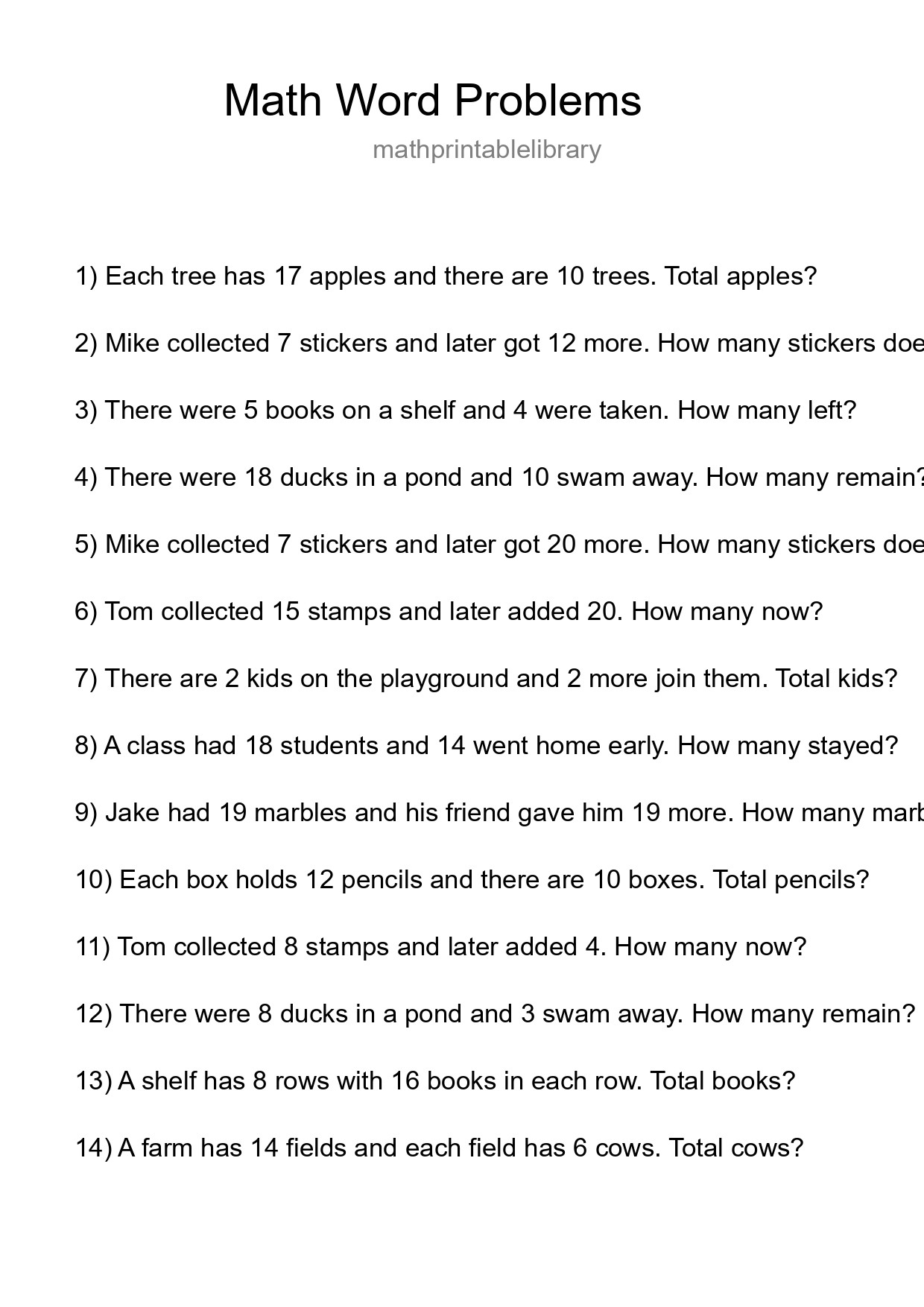 Math Word Problem Worksheet