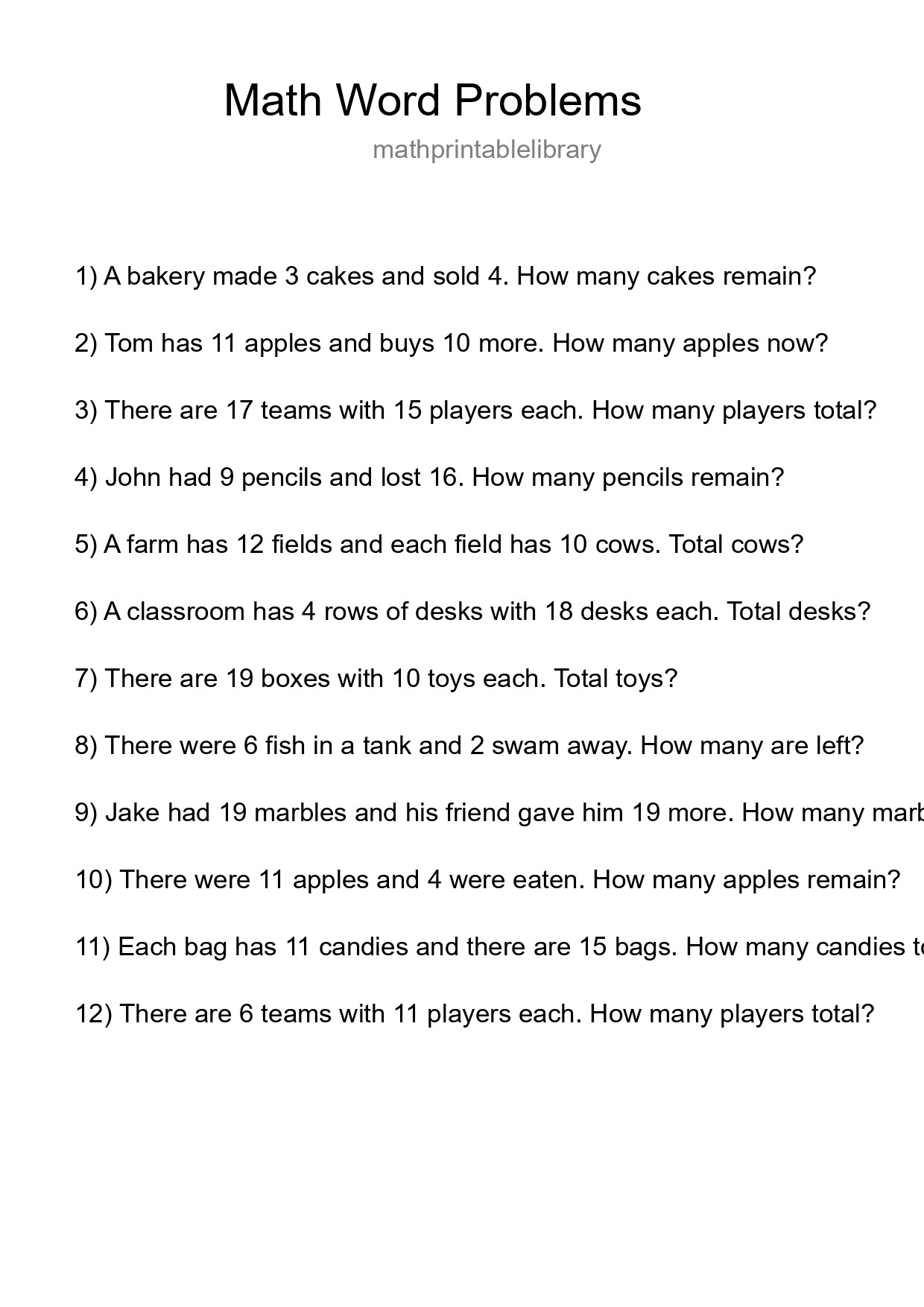 Math Word Problem Worksheet