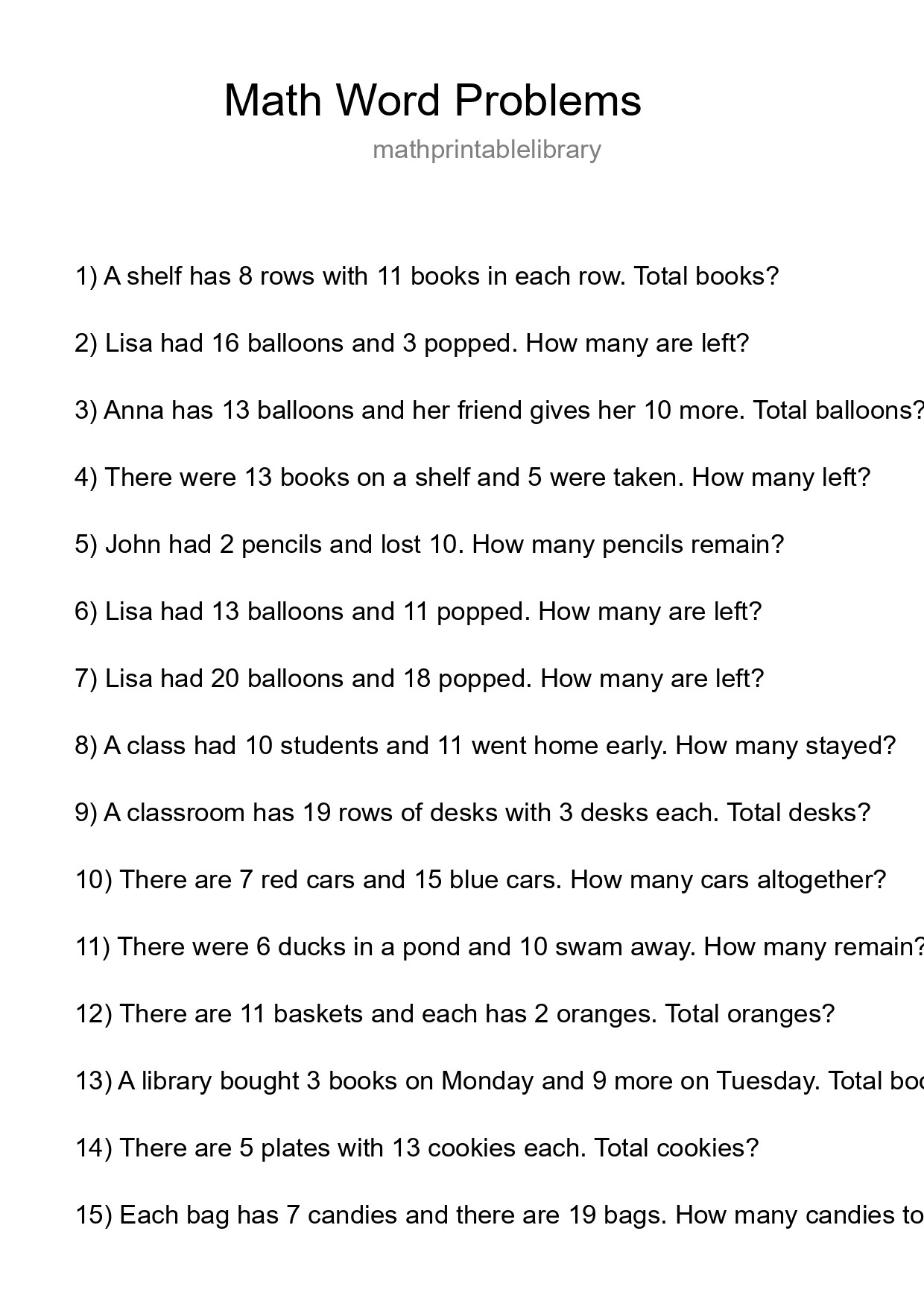 Math Word Problem Worksheet