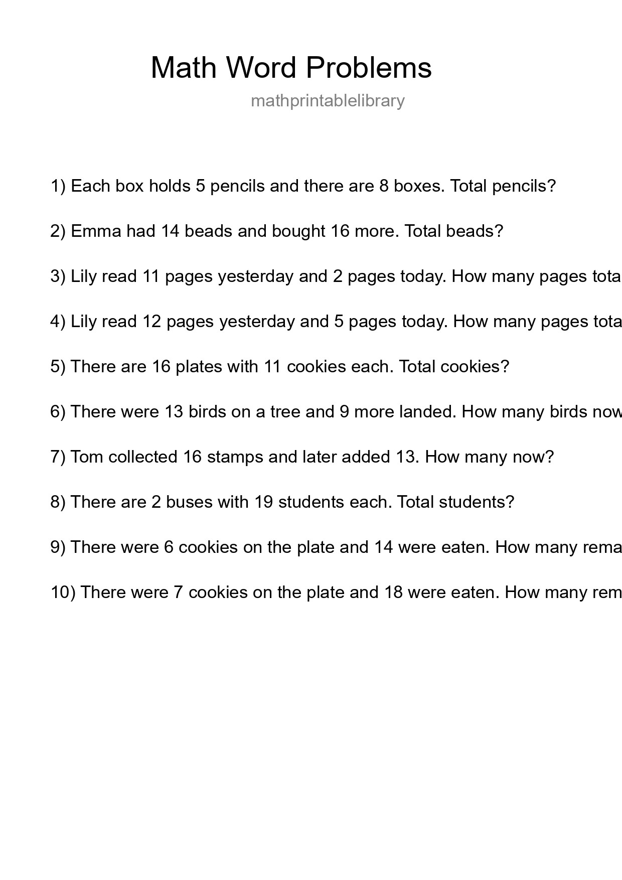 Math Word Problem Worksheet