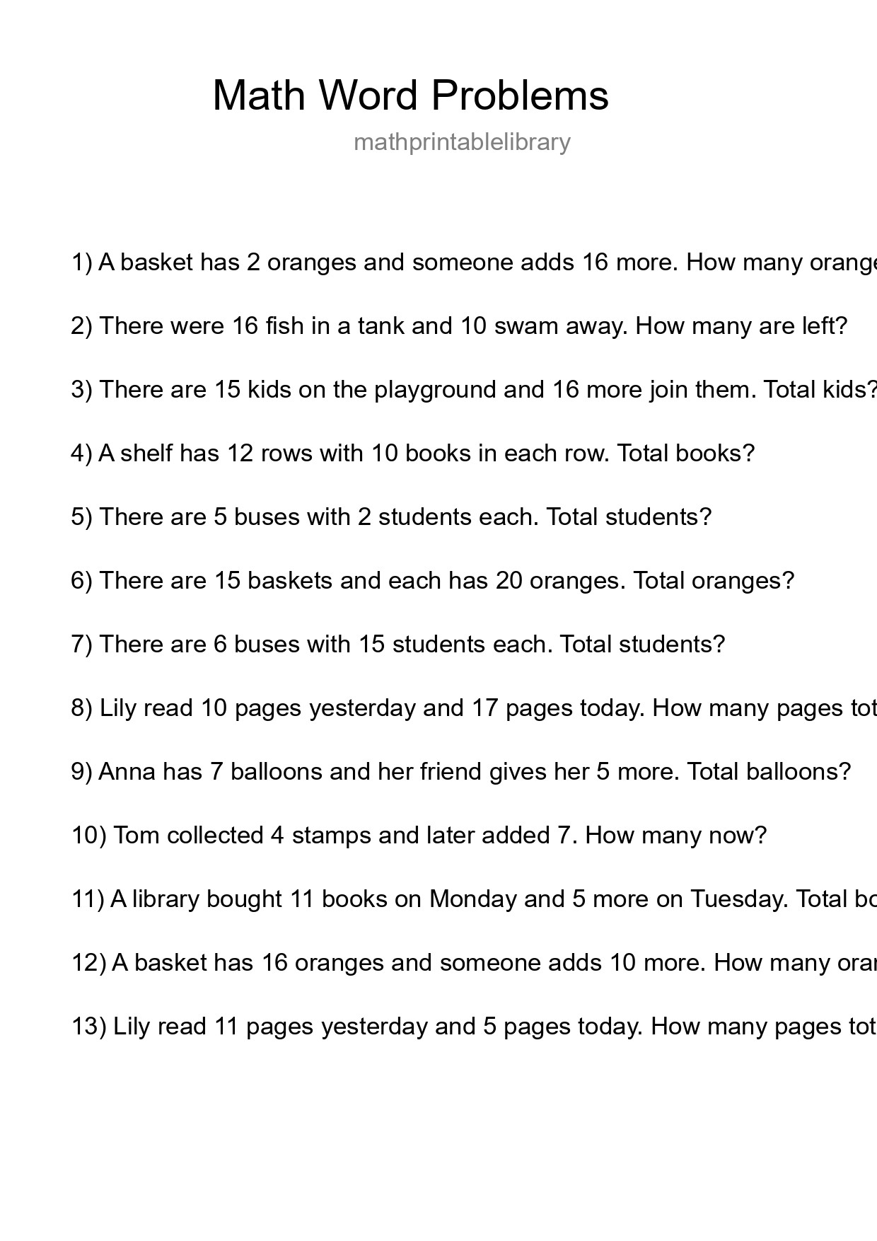 Math Word Problem Worksheet