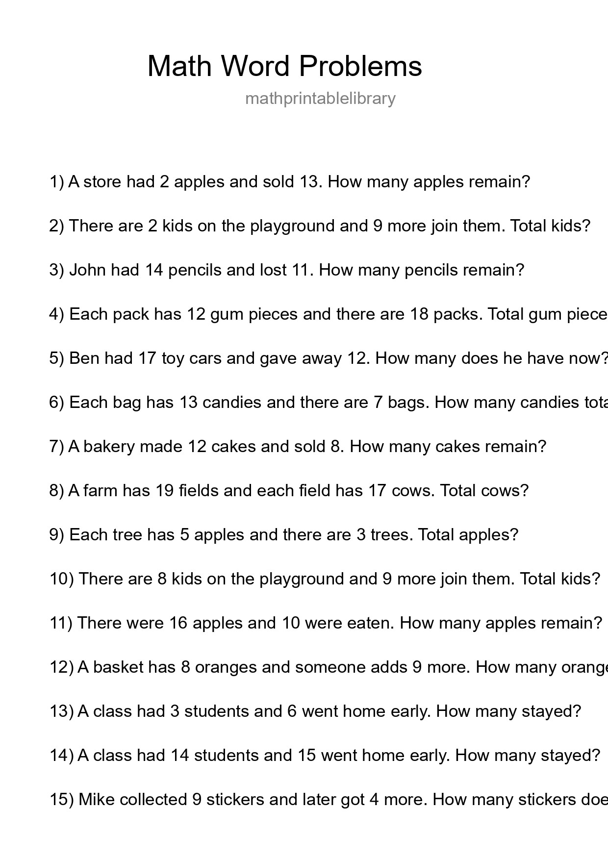 Math Word Problem Worksheet