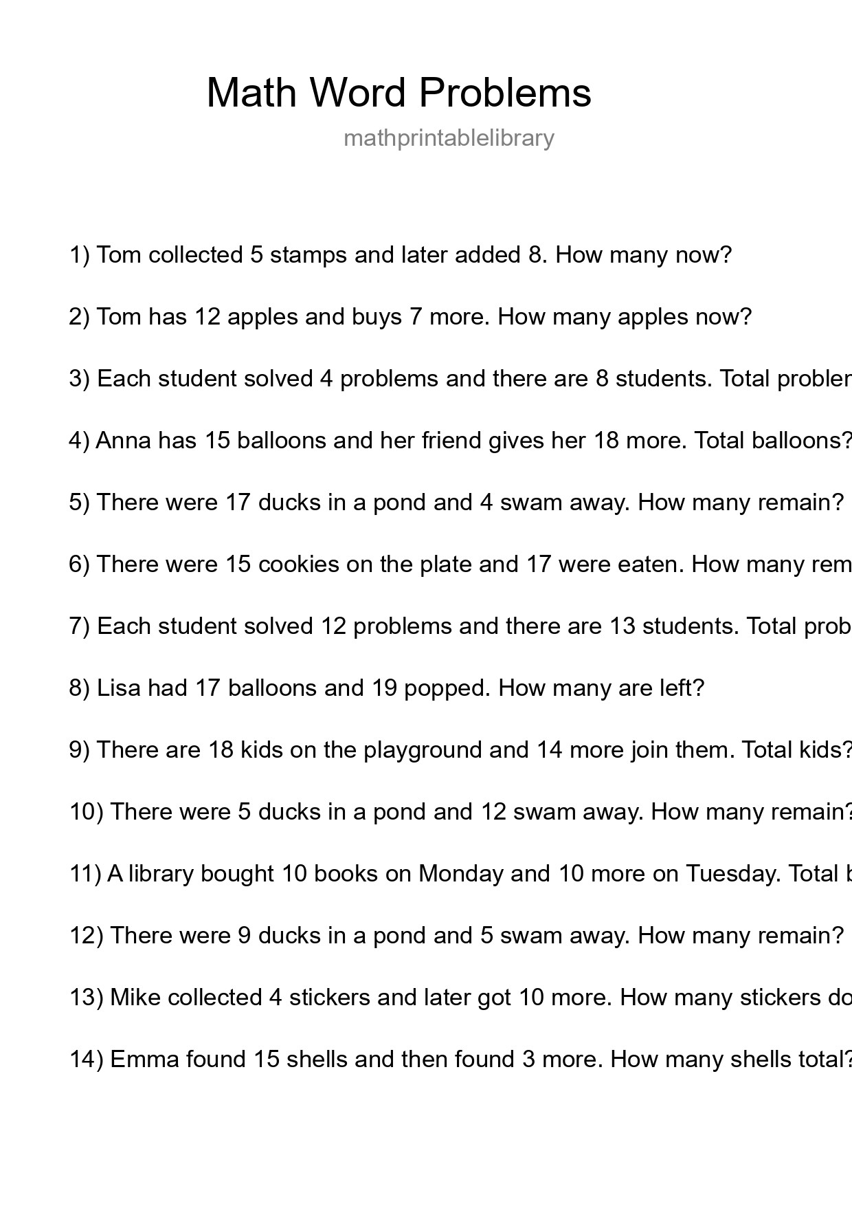 Math Word Problem Worksheet