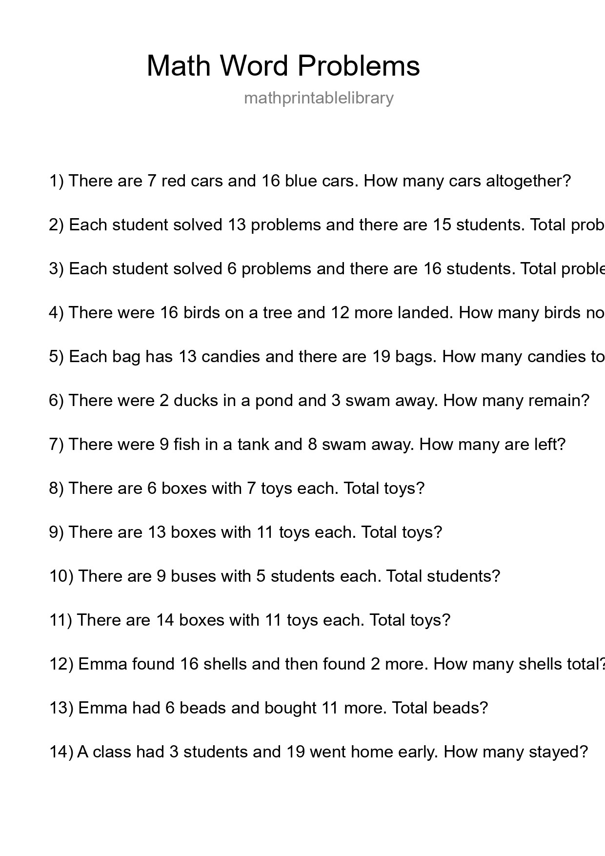 Math Word Problem Worksheet