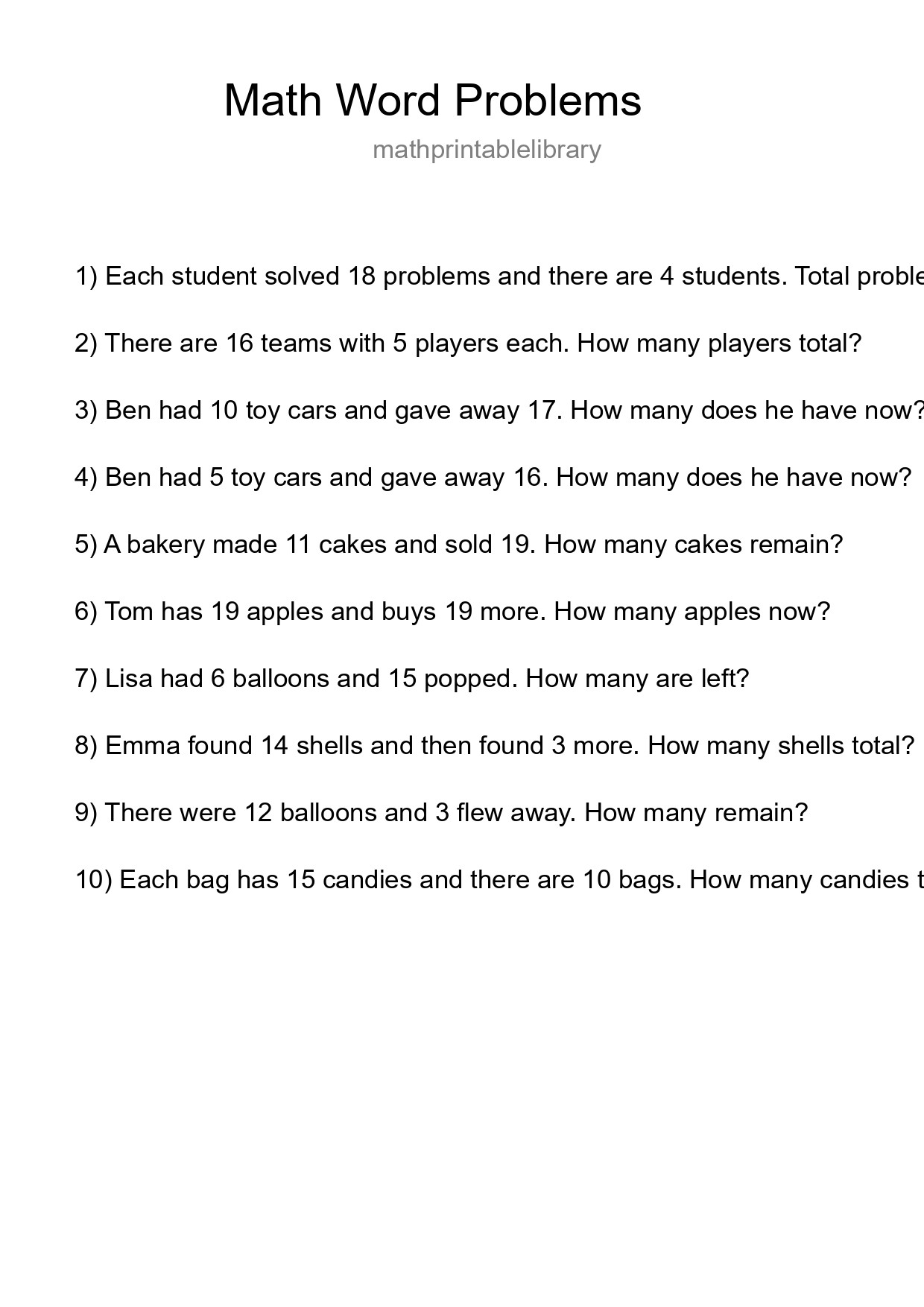 Math Word Problem Worksheet