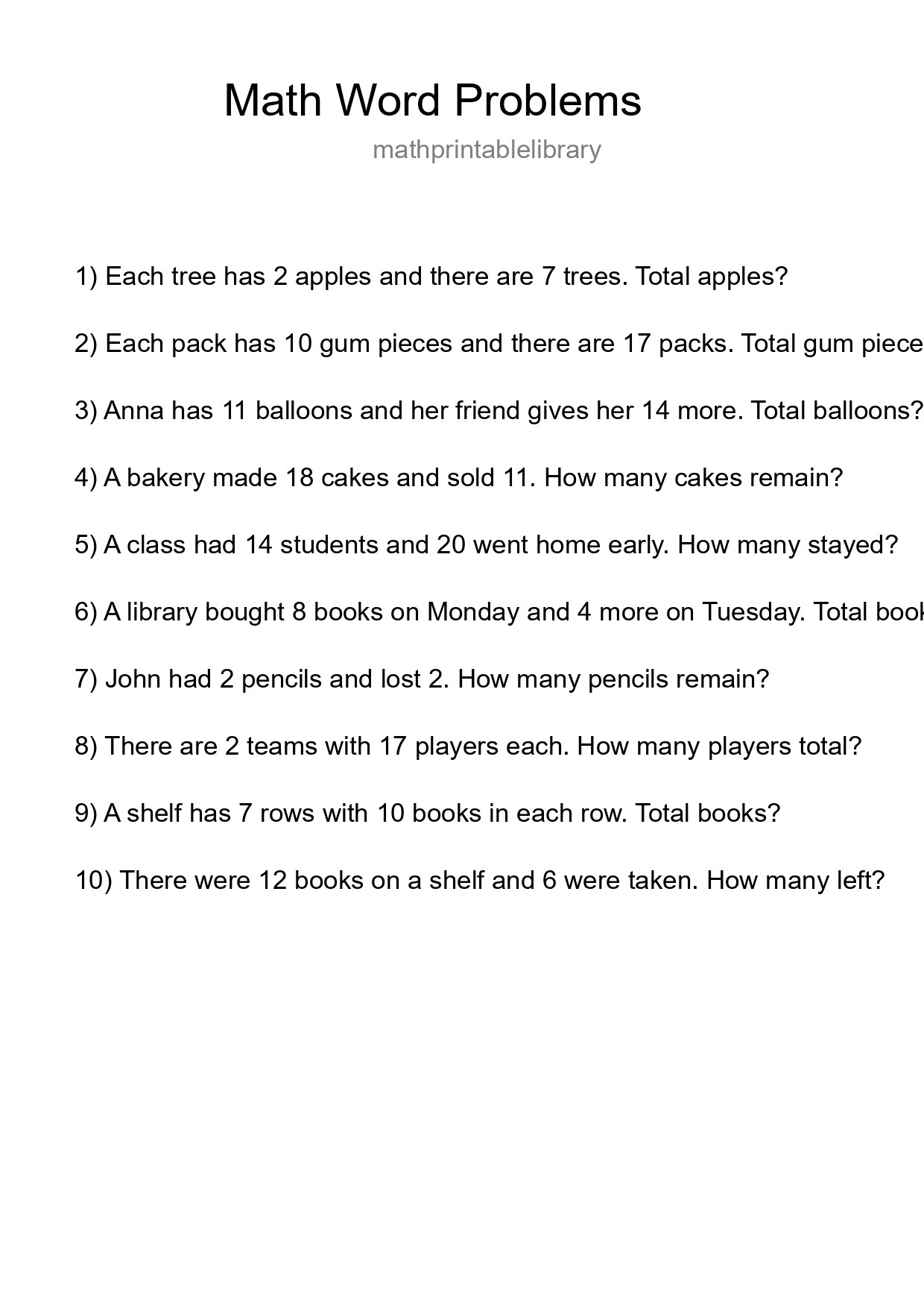 Math Word Problem Worksheet