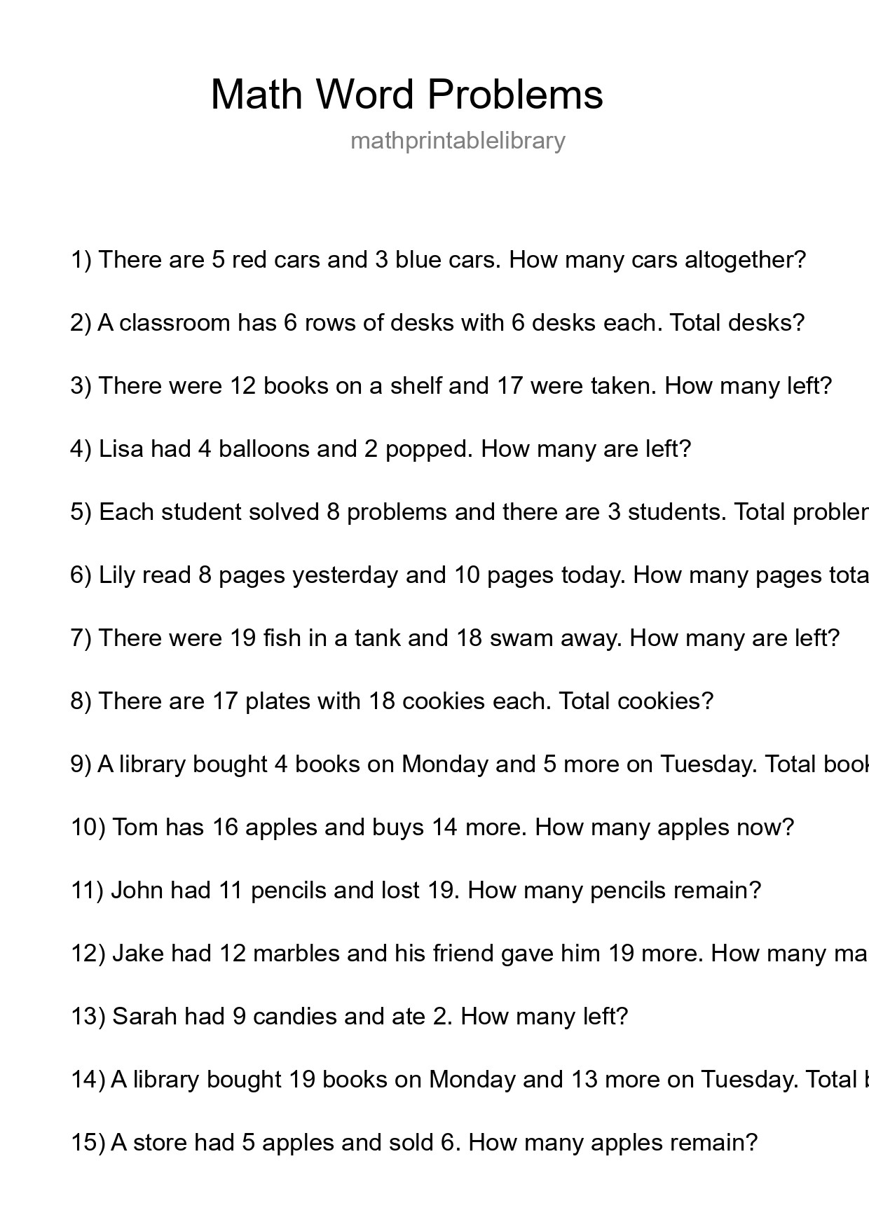 Math Word Problem Worksheet