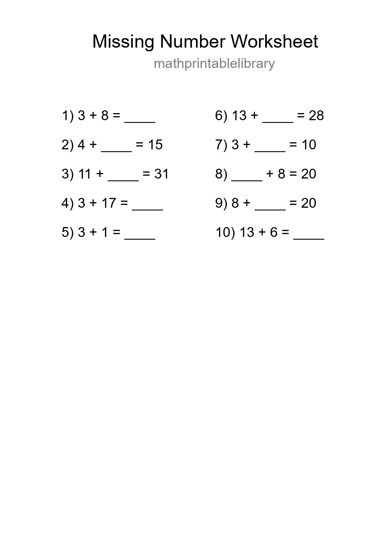 Missing Number Math Worksheet