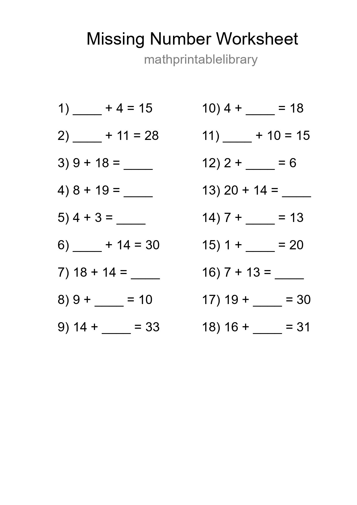 Missing Number Math Worksheet