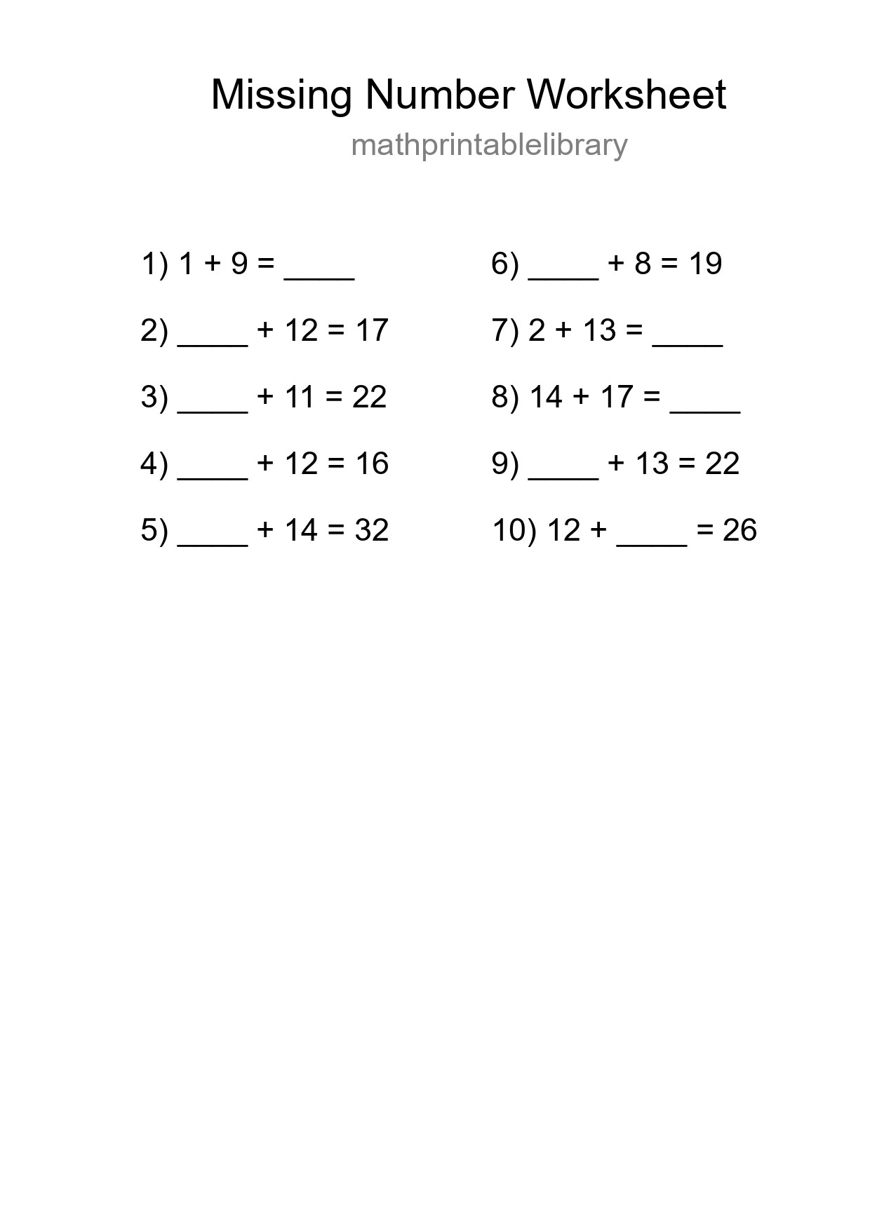 Missing Number Math Worksheet