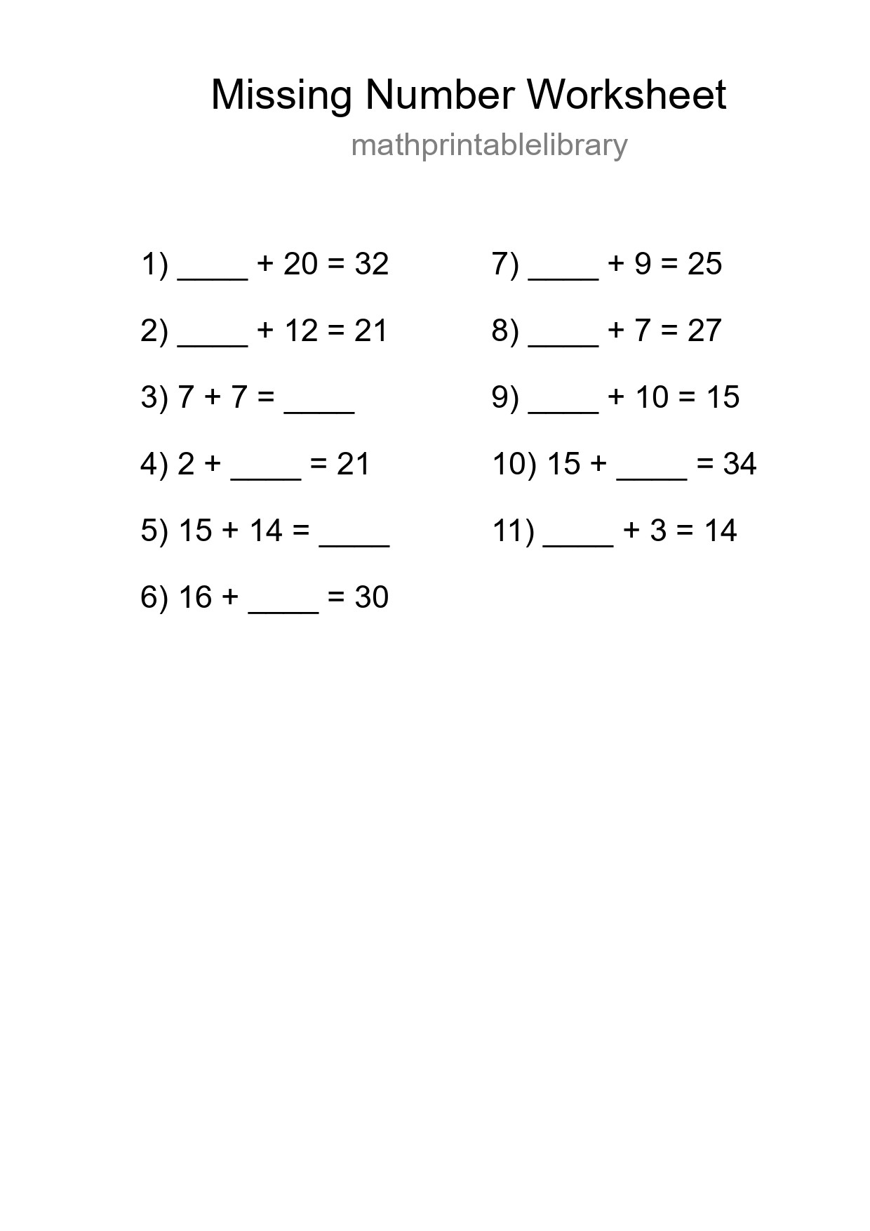 Missing Number Math Worksheet