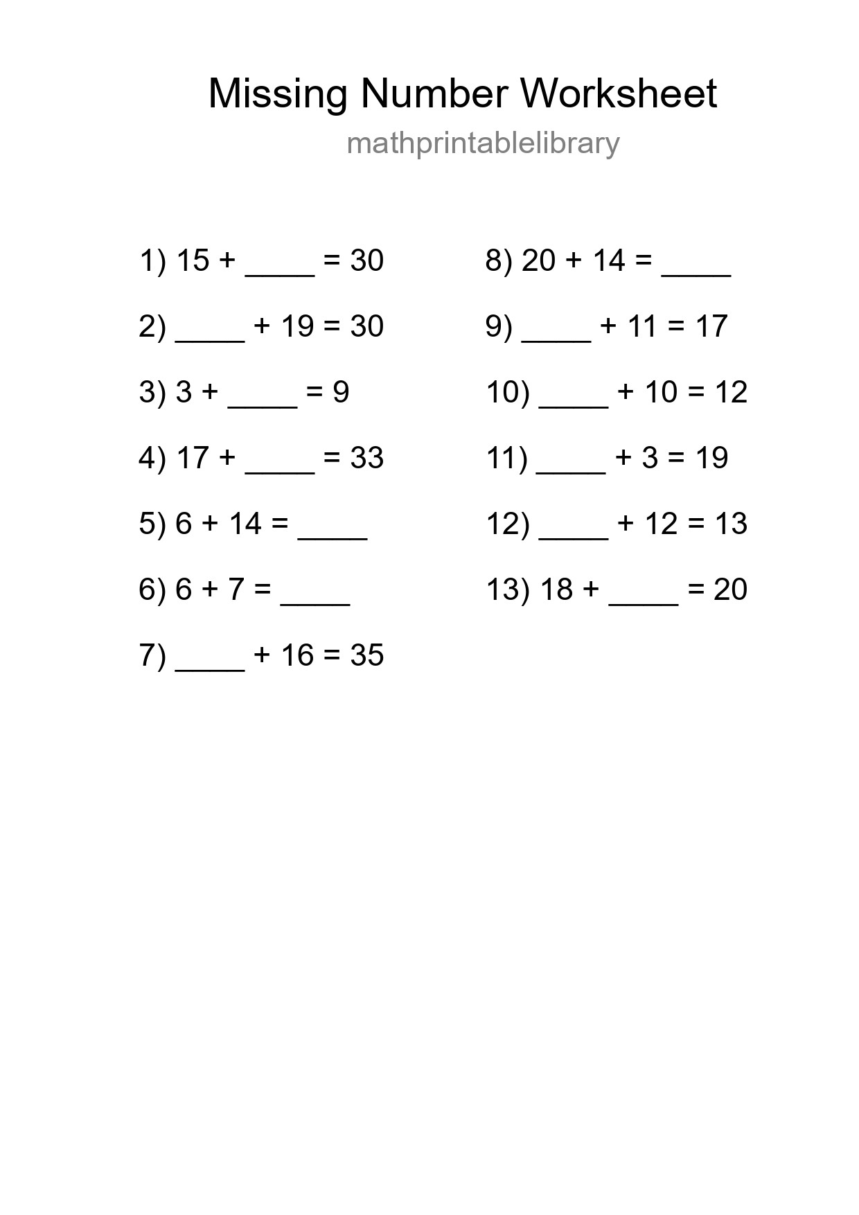 Missing Number Math Worksheet