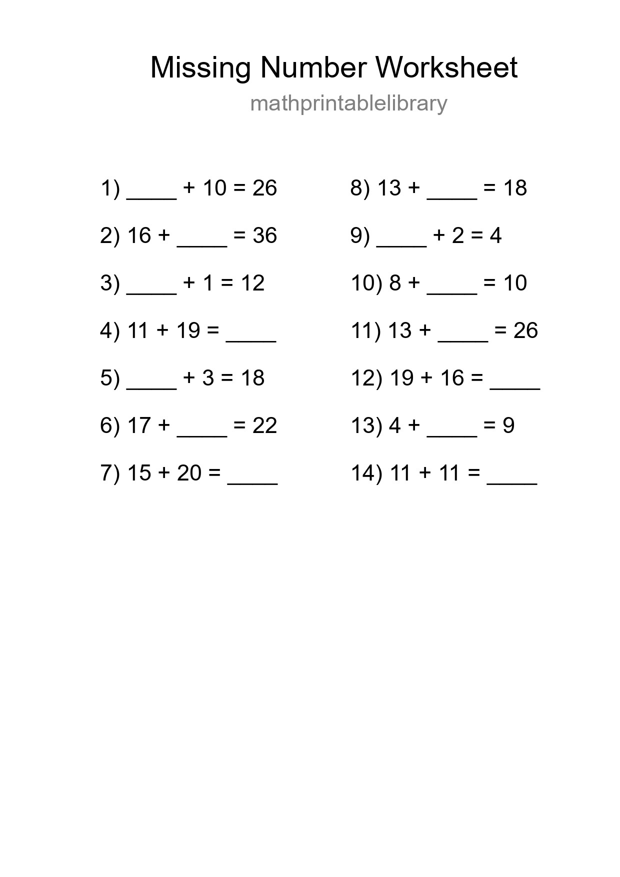 Missing Number Math Worksheet