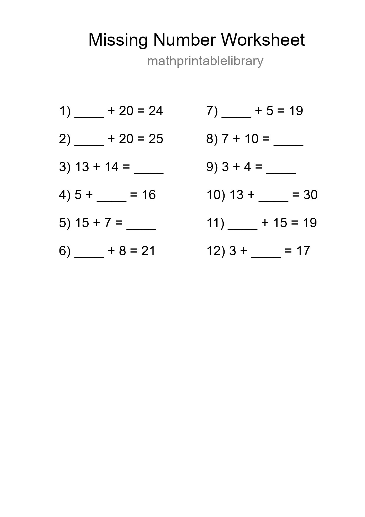 Missing Number Math Worksheet
