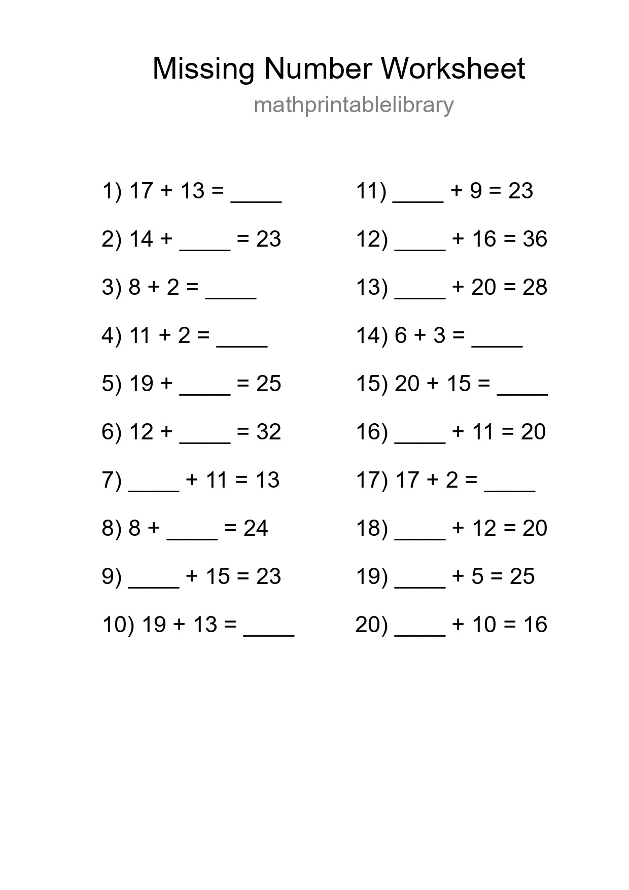 Missing Number Math Worksheet