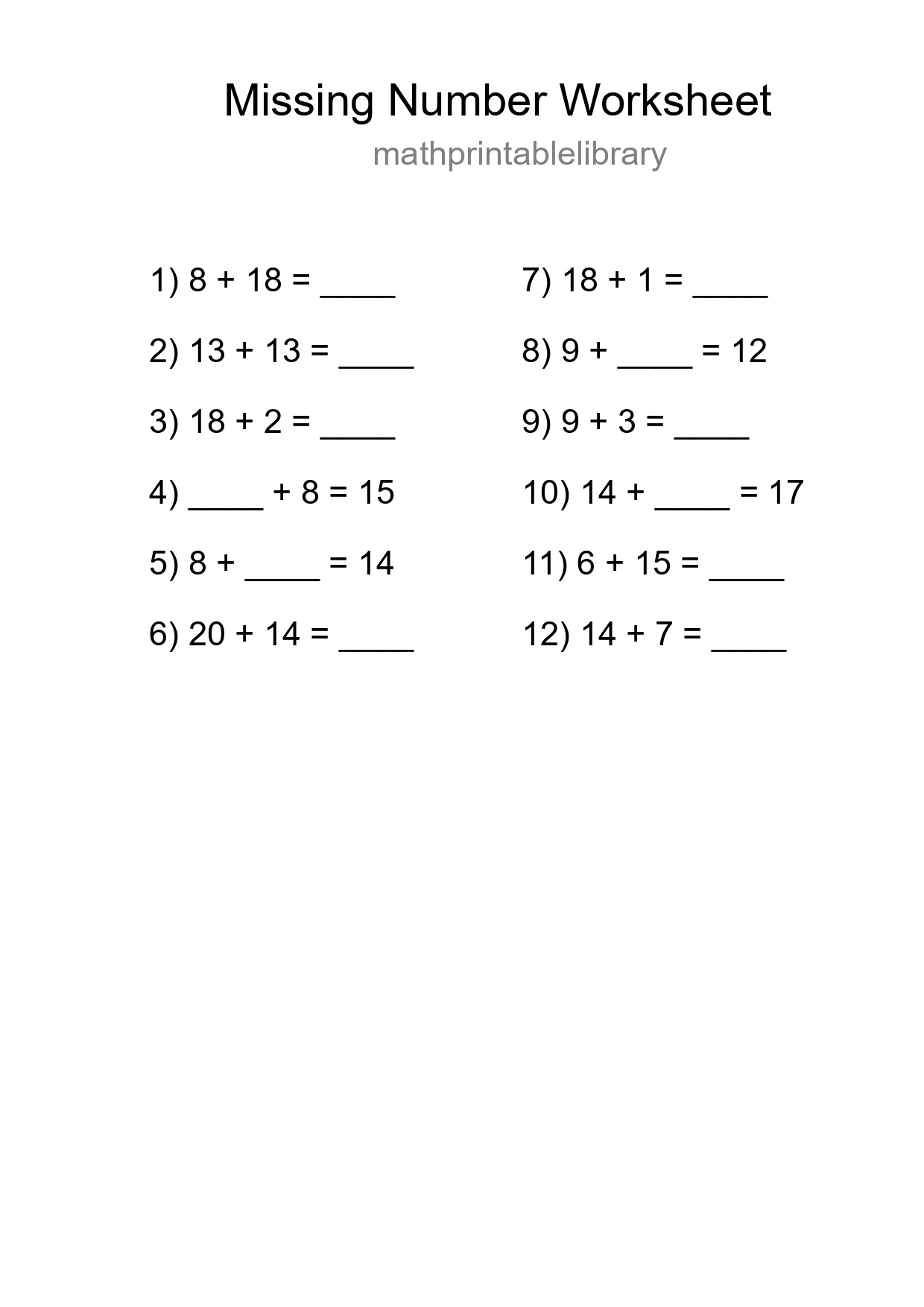 Missing Number Math Worksheet