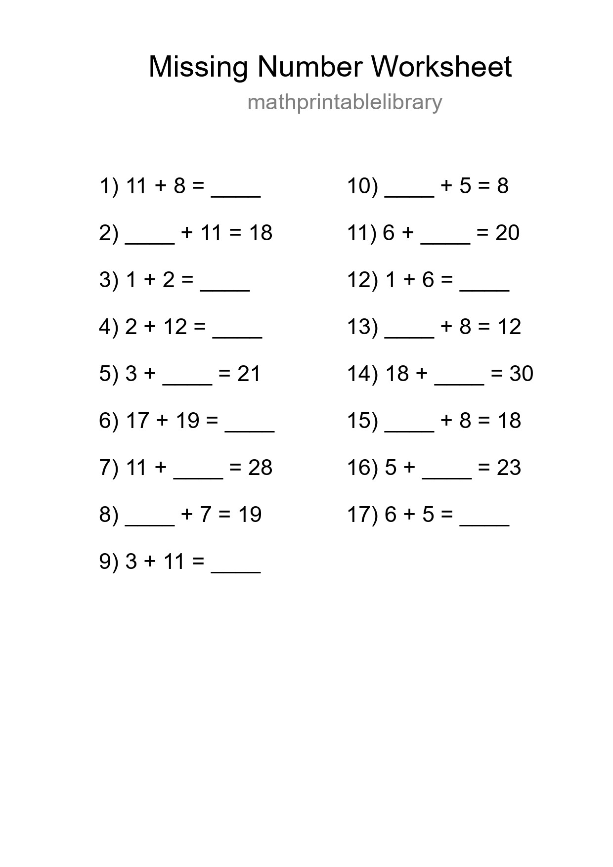 Missing Number Math Worksheet