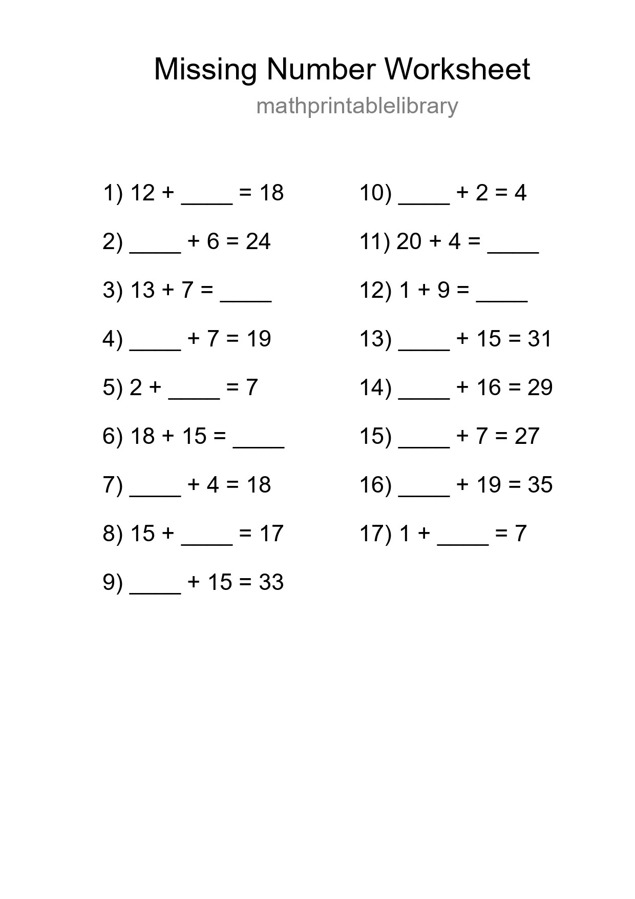 Missing Number Math Worksheet
