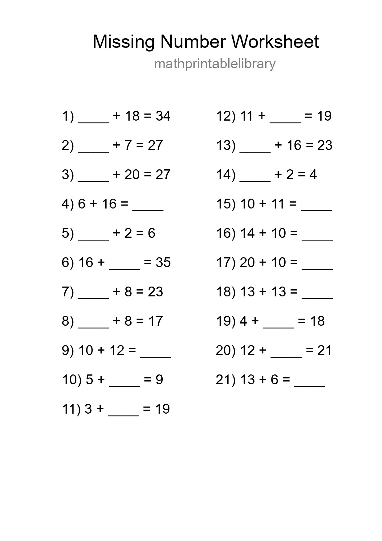 Missing Number Math Worksheet