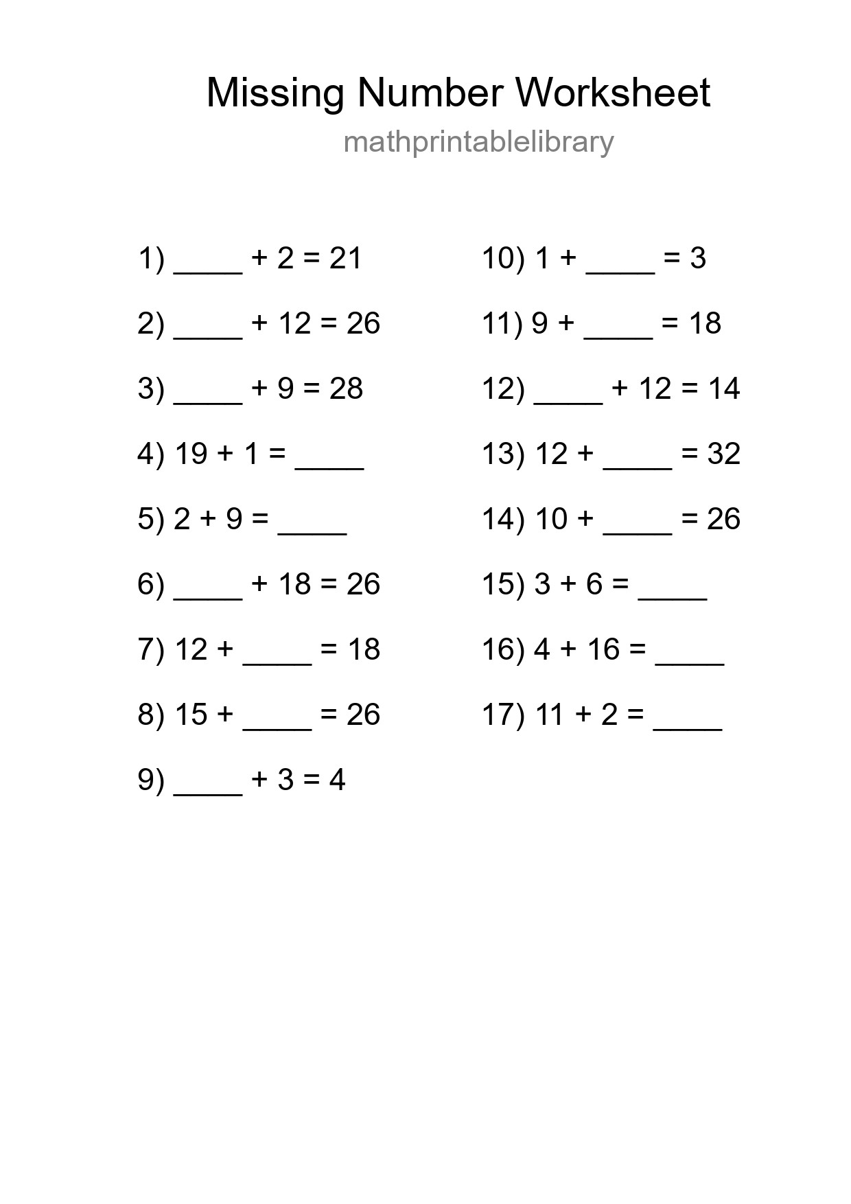 Missing Number Math Worksheet