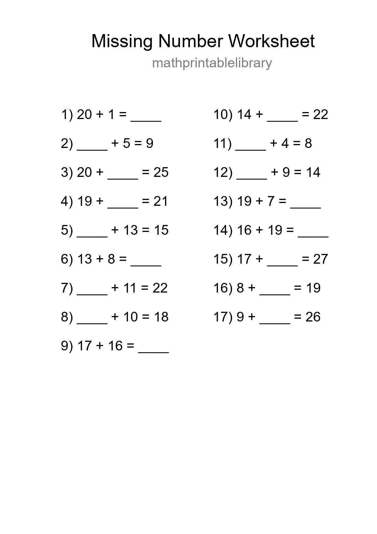 Missing Number Math Worksheet