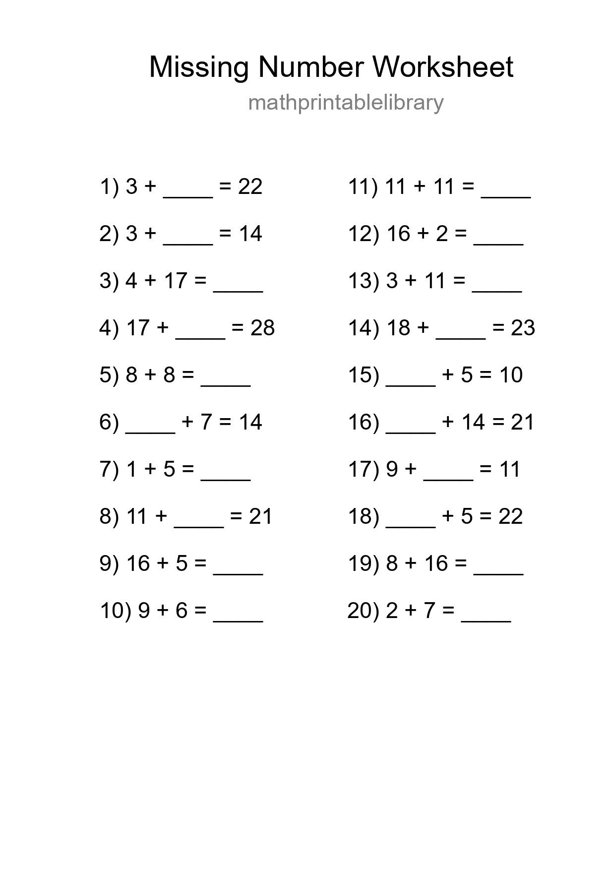 Missing Number Math Worksheet
