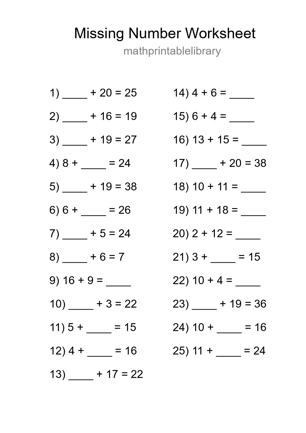 Missing Number Math Worksheet