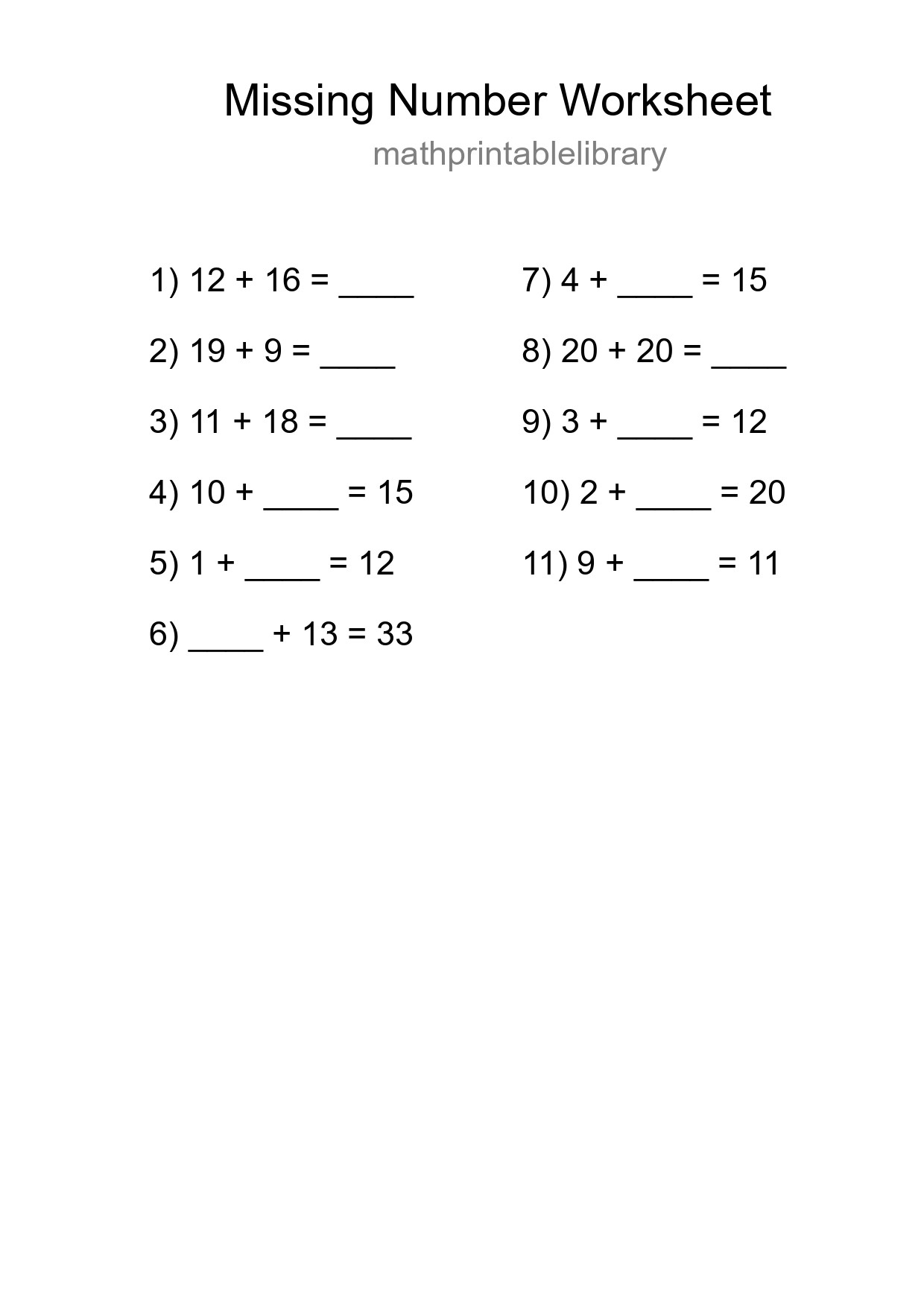 Missing Number Math Worksheet