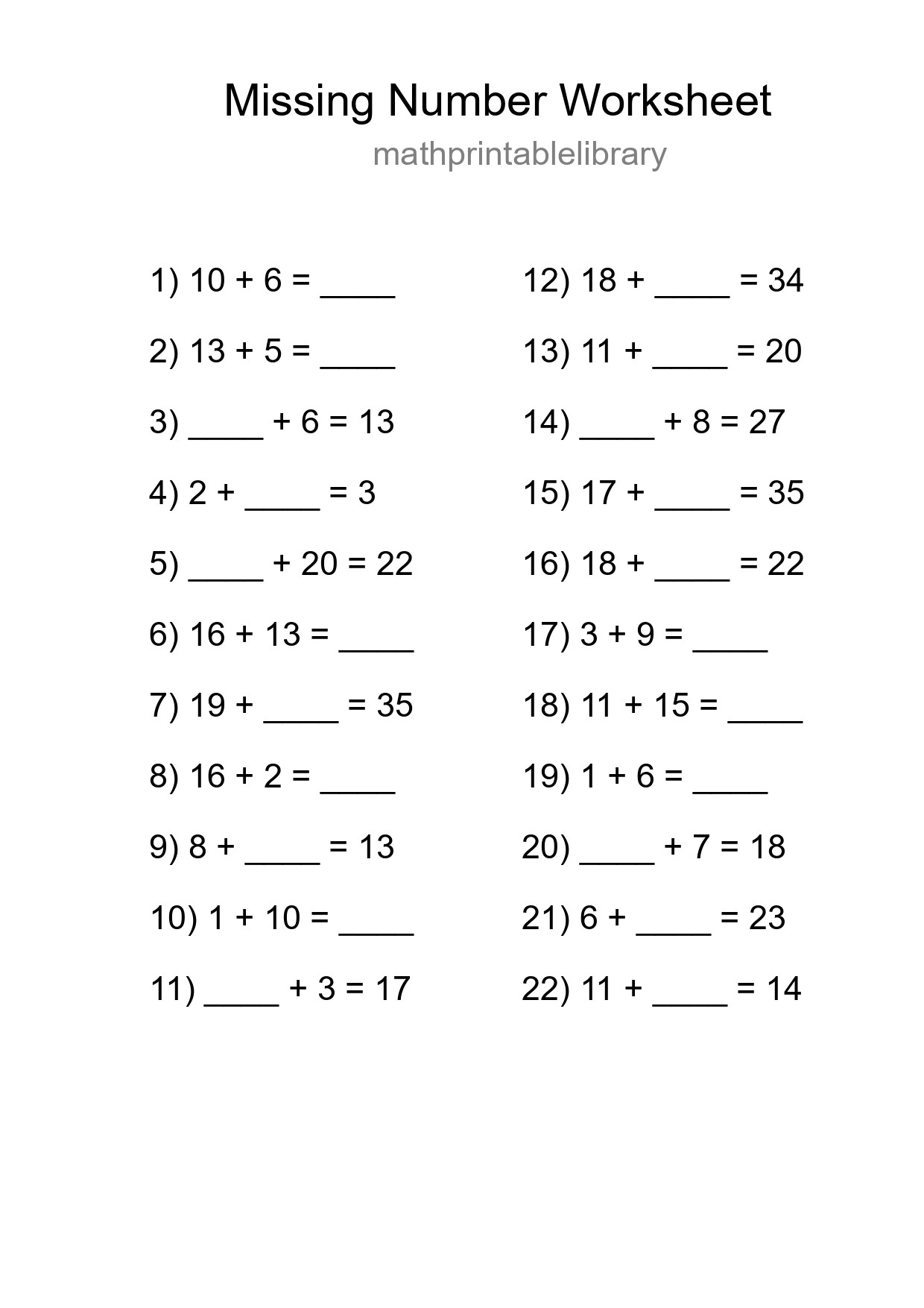 Missing Number Math Worksheet