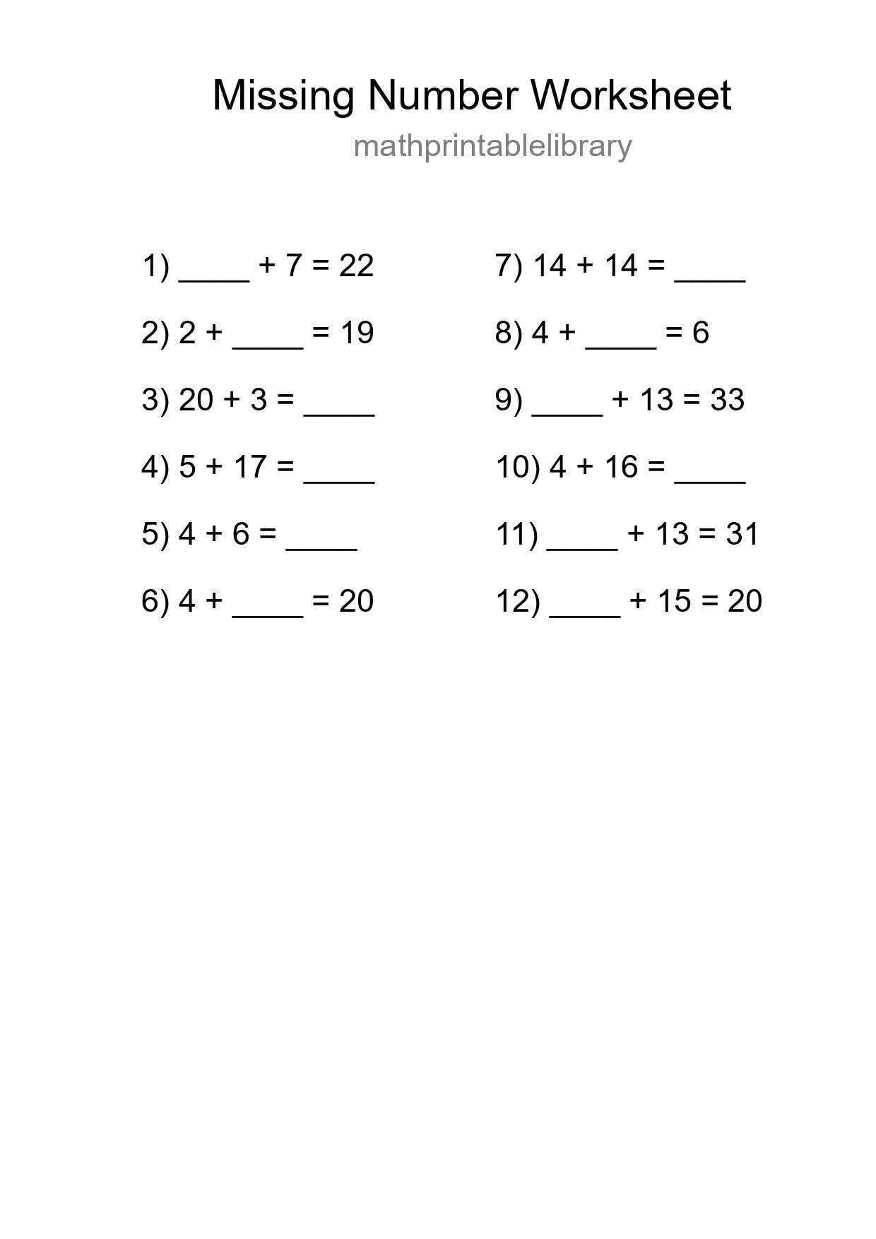 Missing Number Math Worksheet