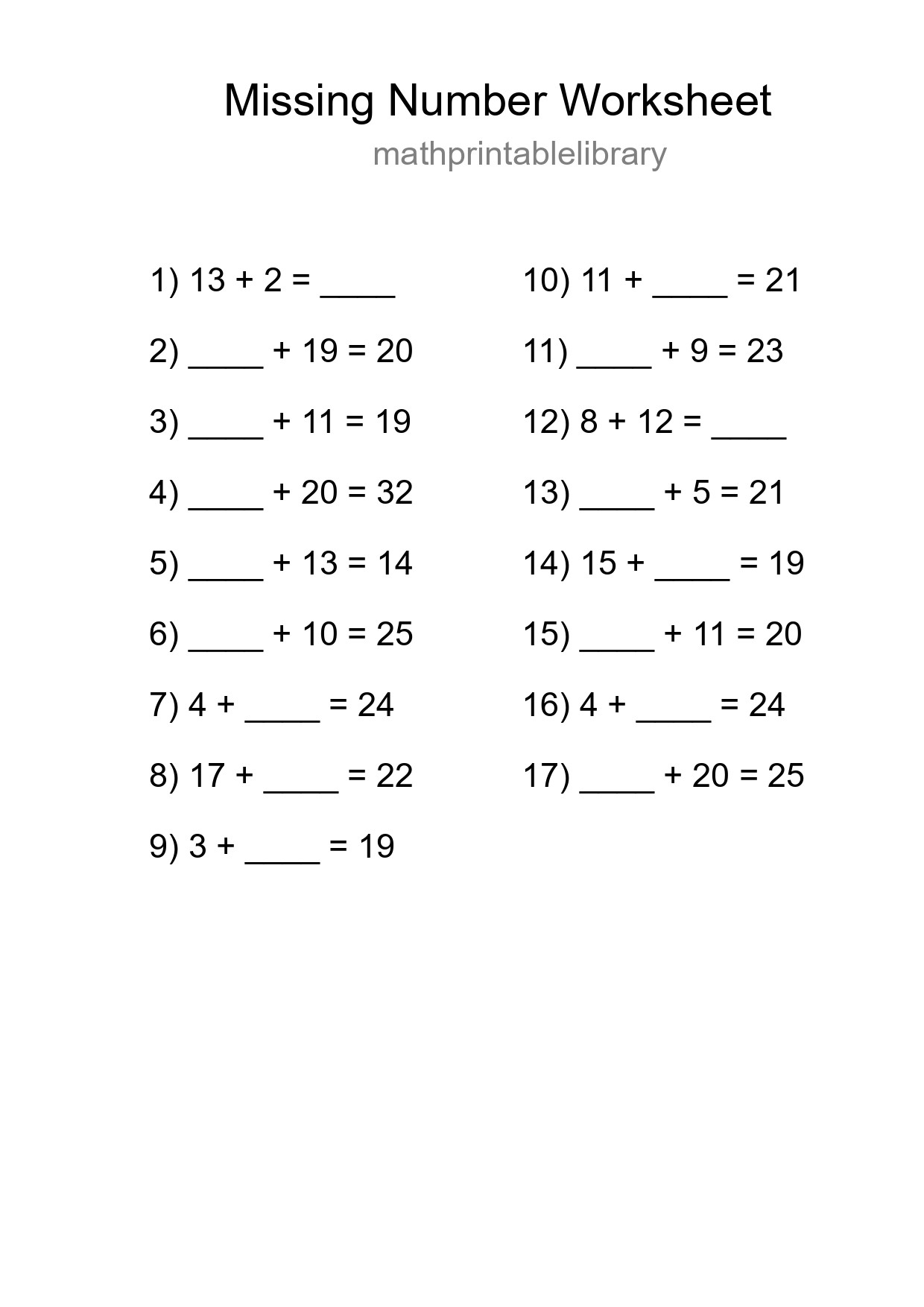 Missing Number Math Worksheet