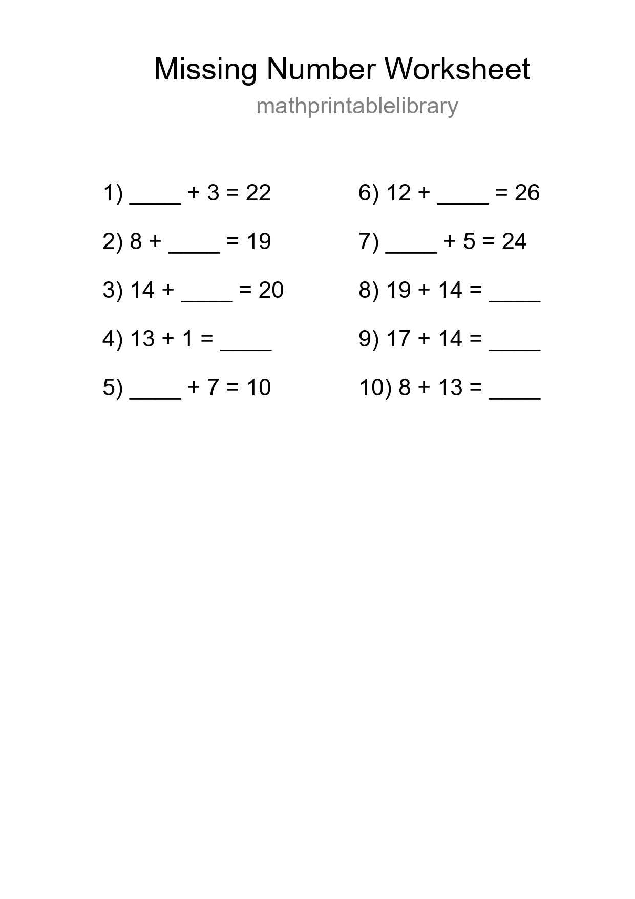 Missing Number Math Worksheet