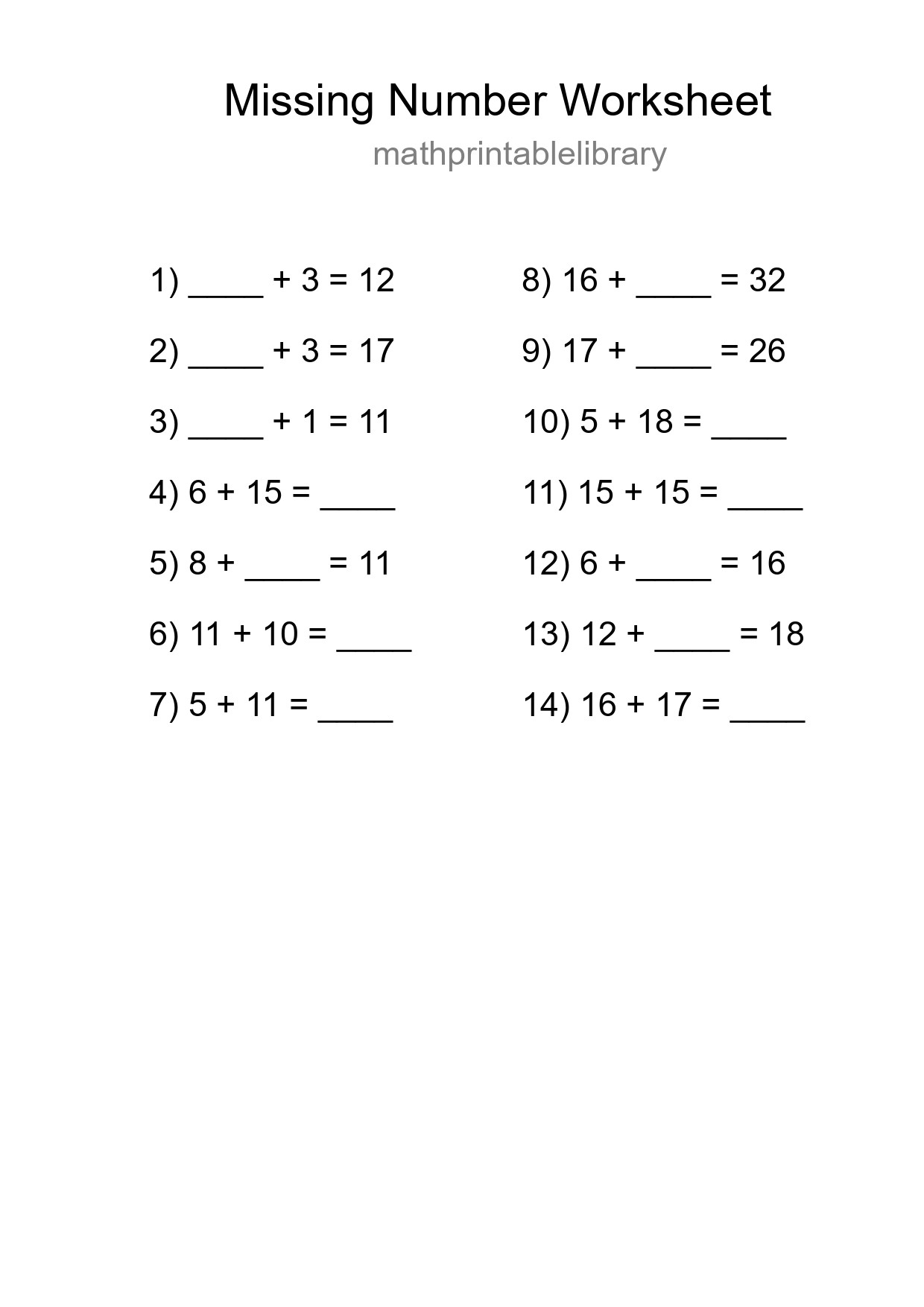 Missing Number Math Worksheet