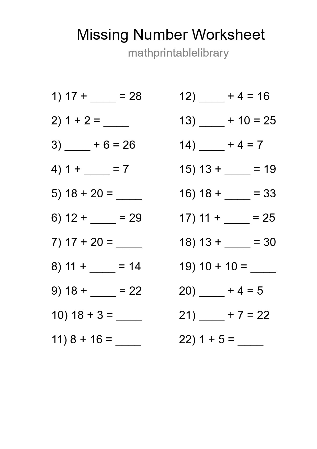 Missing Number Math Worksheet