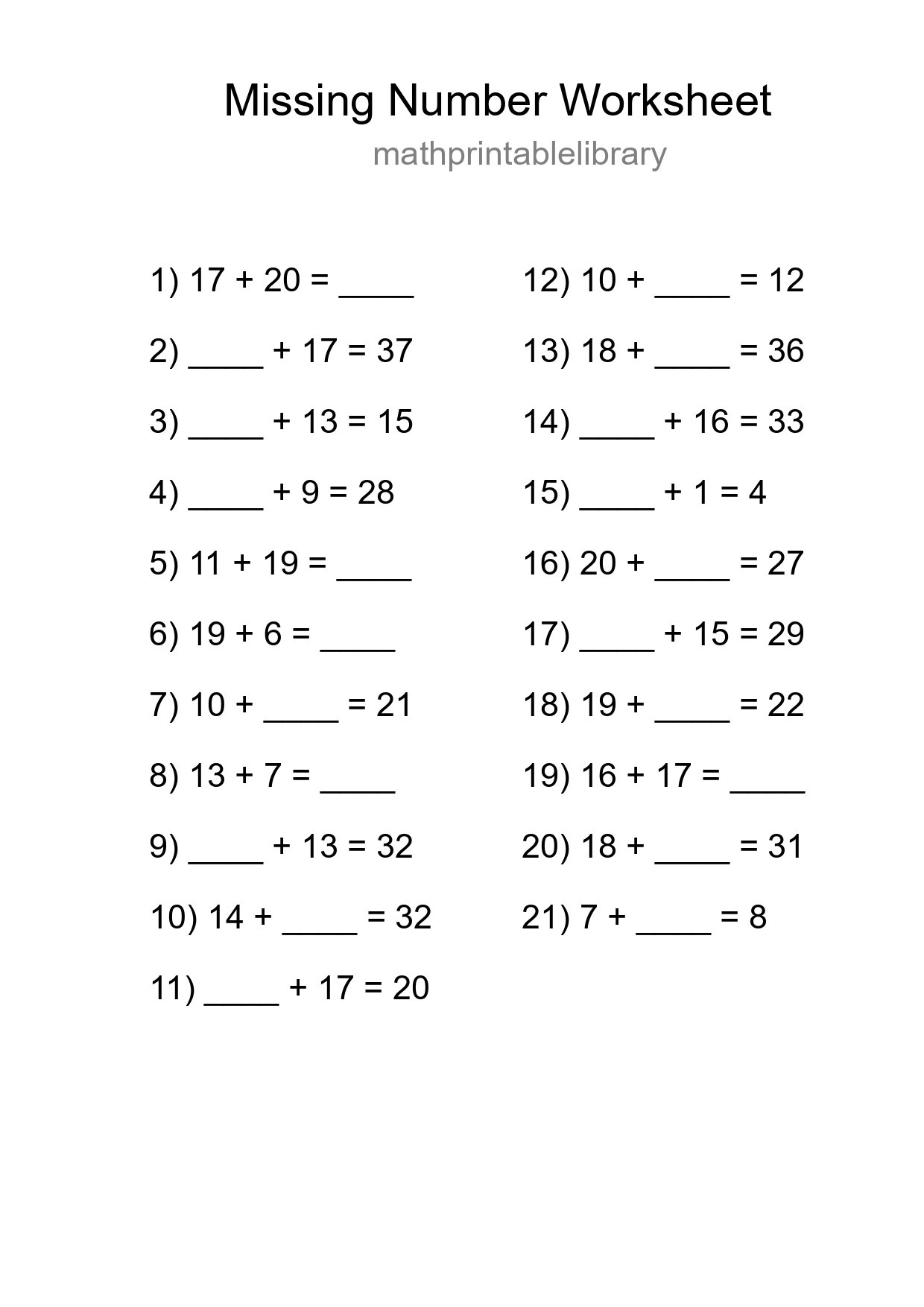 Missing Number Math Worksheet