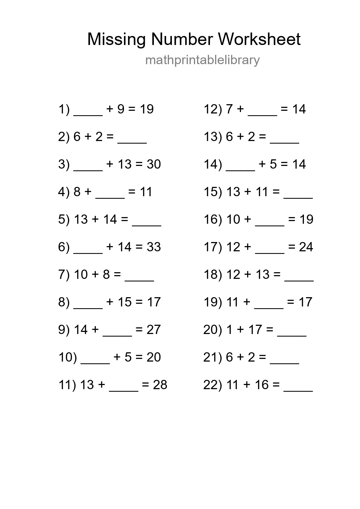 Missing Number Math Worksheet