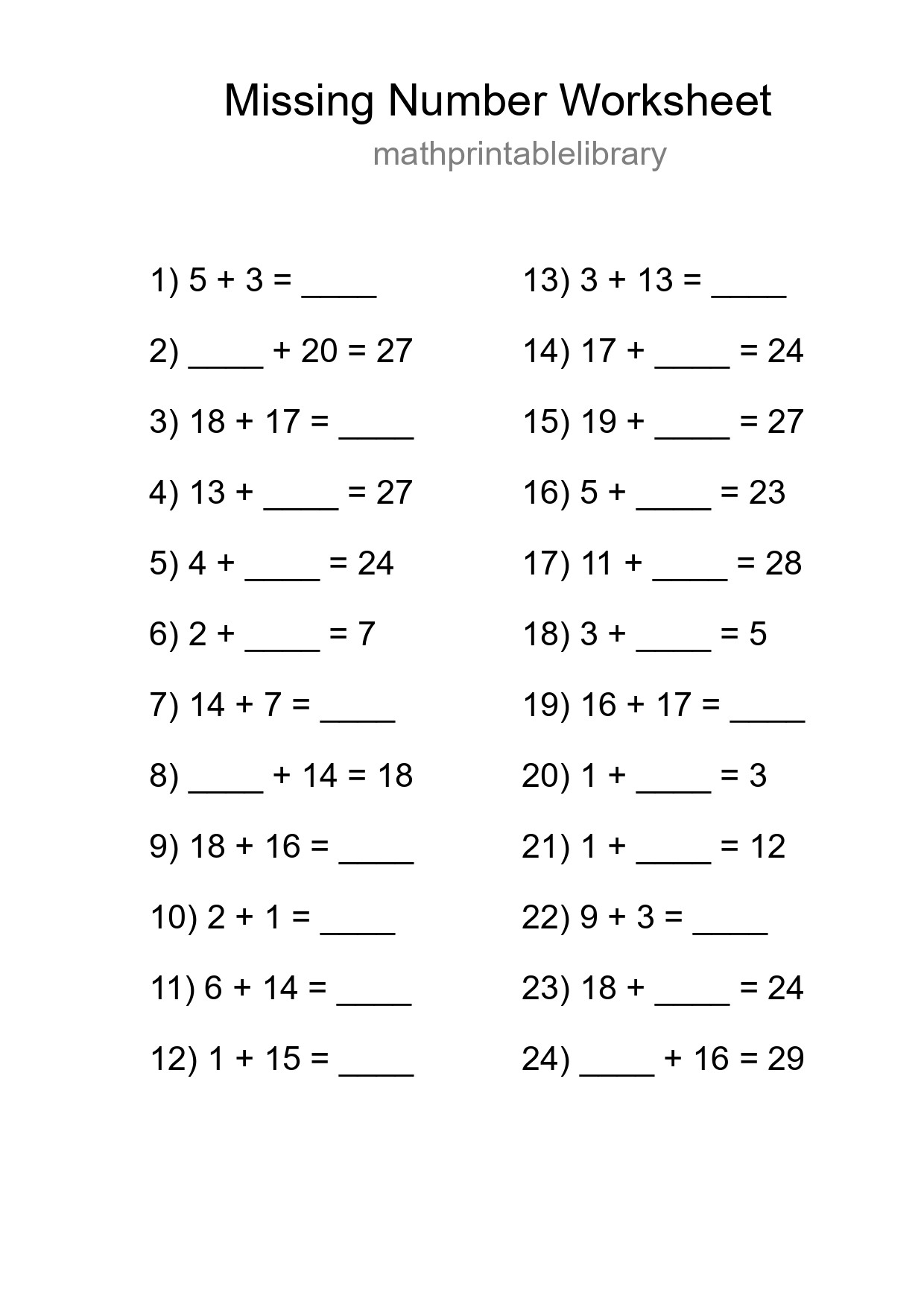 Missing Number Math Worksheet