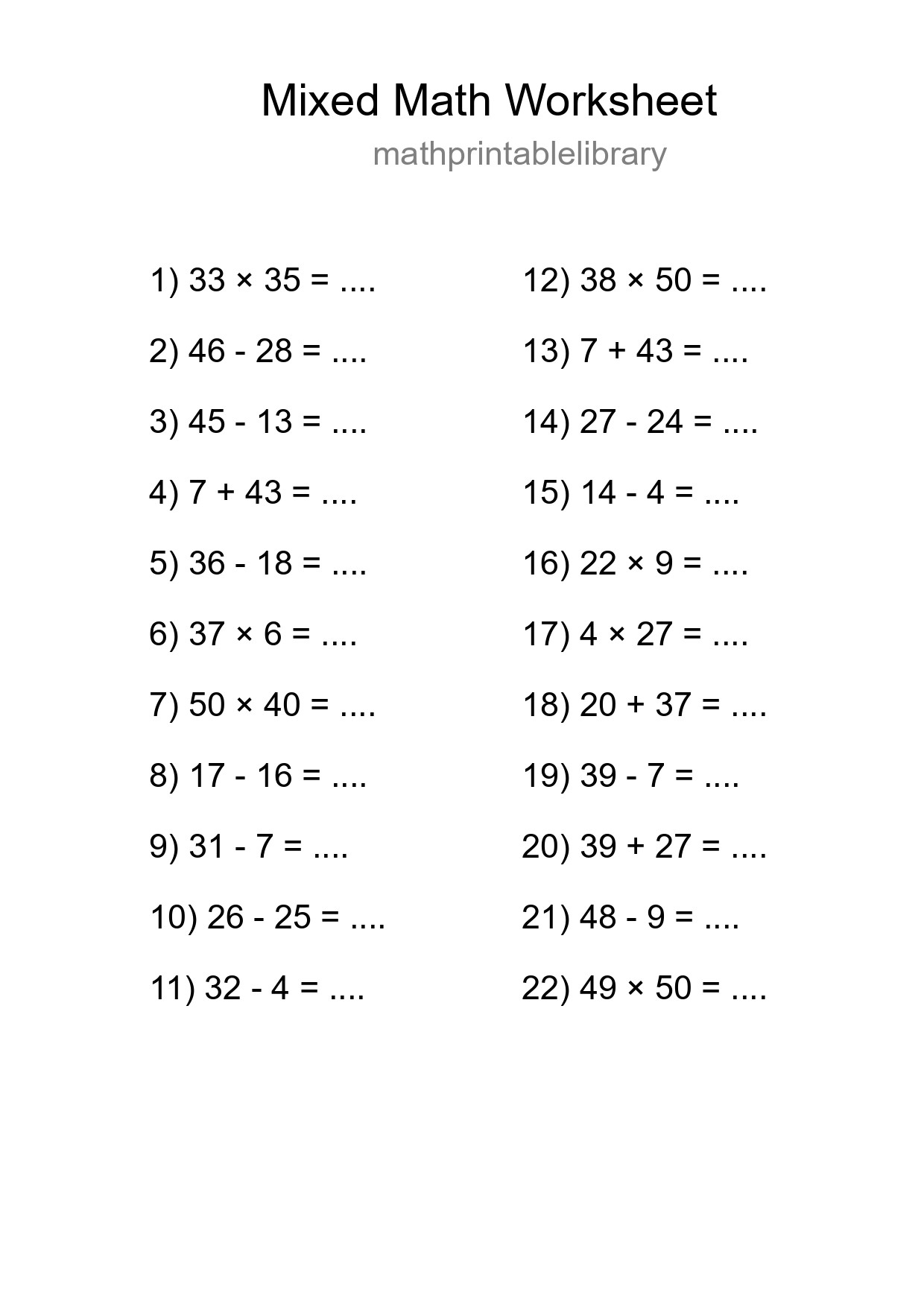 Mixed Operations Math Worksheet