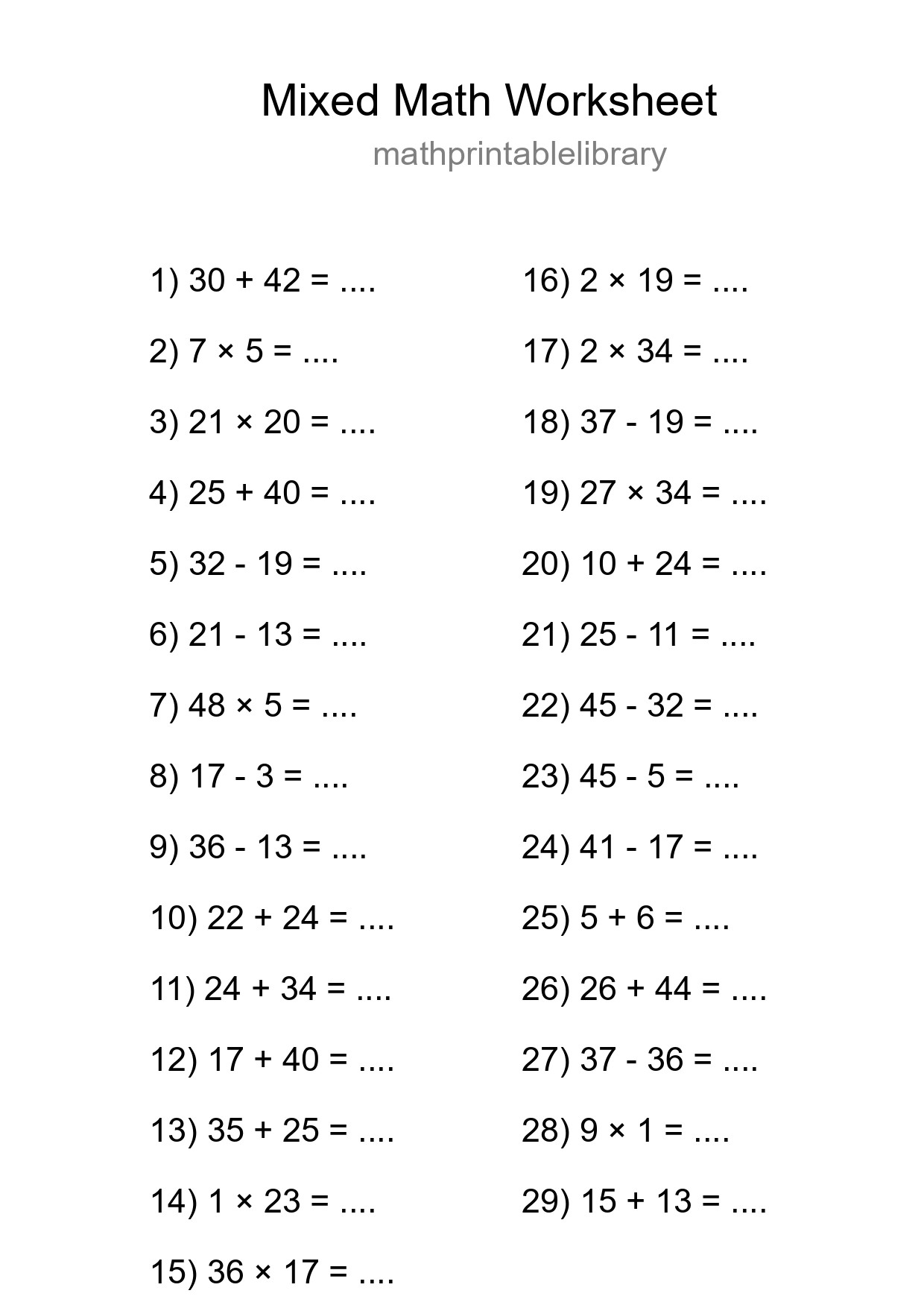 Mixed Operations Math Worksheet